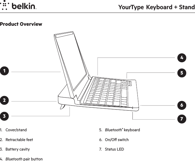 YourType  Keyboard + Stand1. Cover/stand 2.  Retractable feet3.  Battery cavity4.  Bluetooth pair button5.  Bluetooth® keyboard6.  On/O switch7.  Status LED 23Product Overview15467