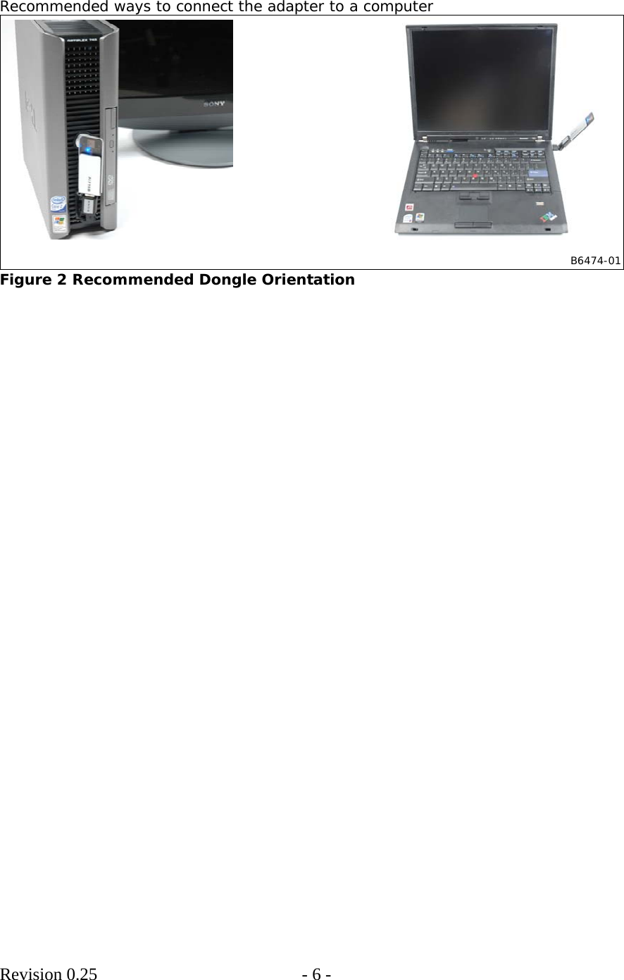        Revision 0.25  - 6 -      Recommended ways to connect the adapter to a computer B6474-01  Figure 2 Recommended Dongle Orientation