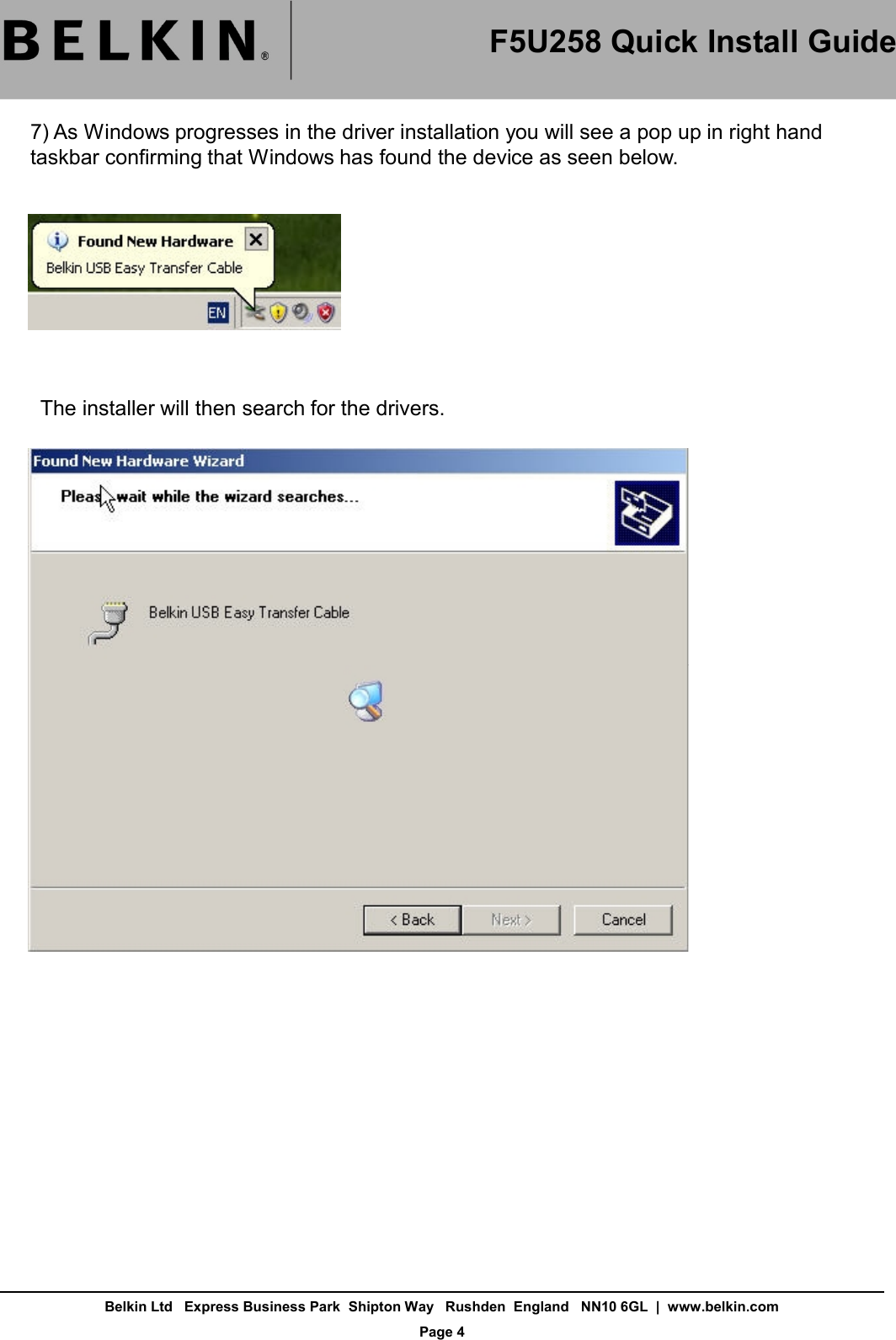 Page 4 of 7 - Belkin F5U258 F5U258ea Quick Install Guide User Manual  To The 05d4be08-8ffa-480f-9f22-b192546f1e86