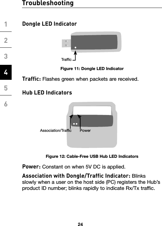 24Troubleshooting12345624Dongle LED IndicatorFigure 11: Dongle LED IndicatorTraffic: Flashes green when packets are received.Hub LED IndicatorsFigure 12: Cable-Free USB Hub LED IndicatorsPower: Constant on when 5V DC is applied.Association with Dongle/Traffic Indicator: Blinks slowly when a user on the host side (PC) registers the Hub’s product ID number; blinks rapidly to indicate Rx/Tx traffic.24TrafficAssociation/Traffic Power