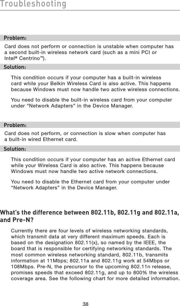 38Troubleshooting38Problem:Card does not perform or connection is unstable when computer has  a second built-in wireless network card (such as a mini PCI or  Intel® Centrino™).Solution:This condition occurs if your computer has a built-in wireless card while your Belkin Wireless Card is also active. This happens because Windows must now handle two active wireless connections.You need to disable the built-in wireless card from your computer under “Network Adapters” in the Device Manager.Problem:Card does not perform, or connection is slow when computer has  a built-in wired Ethernet card.Solution:This condition occurs if your computer has an active Ethernet card while your Wireless Card is also active. This happens because Windows must now handle two active network connections.You need to disable the Ethernet card from your computer under “Network Adapters” in the Device Manager.What’s the difference between 802.11b, 802.11g and 802.11a, and Pre-N?Currently there are four levels of wireless networking standards, which transmit data at very different maximum speeds. Each is based on the designation 802.11(x), so named by the IEEE, the board that is responsible for certifying networking standards. The most common wireless networking standard, 802.11b, transmits information at 11Mbps; 802.11a and 802.11g work at 54Mbps or 108Mbps. Pre-N, the precursor to the upcoming 802.11n release, promises speeds that exceed 802.11g, and up to 800% the wireless coverage area. See the following chart for more detailed information.