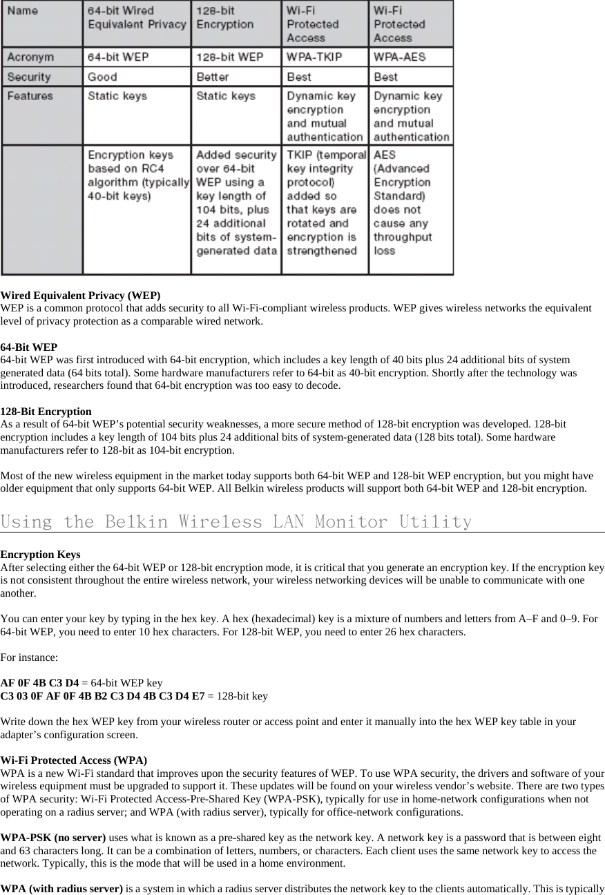       Wired Equivalent Privacy (WEP) WEP is a common protocol that adds security to all Wi-Fi-compliant wireless products. WEP gives wireless networks the equivalent level of privacy protection as a comparable wired network.  64-Bit WEP 64-bit WEP was first introduced with 64-bit encryption, which includes a key length of 40 bits plus 24 additional bits of system generated data (64 bits total). Some hardware manufacturers refer to 64-bit as 40-bit encryption. Shortly after the technology was introduced, researchers found that 64-bit encryption was too easy to decode.  128-Bit Encryption As a result of 64-bit WEP’s potential security weaknesses, a more secure method of 128-bit encryption was developed. 128-bit encryption includes a key length of 104 bits plus 24 additional bits of system-generated data (128 bits total). Some hardware manufacturers refer to 128-bit as 104-bit encryption.  Most of the new wireless equipment in the market today supports both 64-bit WEP and 128-bit WEP encryption, but you might have older equipment that only supports 64-bit WEP. All Belkin wireless products will support both 64-bit WEP and 128-bit encryption.  Using the Belkin Wireless LAN Monitor Utility                    Encryption Keys After selecting either the 64-bit WEP or 128-bit encryption mode, it is critical that you generate an encryption key. If the encryption key is not consistent throughout the entire wireless network, your wireless networking devices will be unable to communicate with one another.  You can enter your key by typing in the hex key. A hex (hexadecimal) key is a mixture of numbers and letters from A–F and 0–9. For 64-bit WEP, you need to enter 10 hex characters. For 128-bit WEP, you need to enter 26 hex characters.  For instance:  AF 0F 4B C3 D4 = 64-bit WEP key C3 03 0F AF 0F 4B B2 C3 D4 4B C3 D4 E7 = 128-bit key  Write down the hex WEP key from your wireless router or access point and enter it manually into the hex WEP key table in your adapter’s configuration screen.  Wi-Fi Protected Access (WPA) WPA is a new Wi-Fi standard that improves upon the security features of WEP. To use WPA security, the drivers and software of your wireless equipment must be upgraded to support it. These updates will be found on your wireless vendor’s website. There are two types of WPA security: Wi-Fi Protected Access-Pre-Shared Key (WPA-PSK), typically for use in home-network configurations when not operating on a radius server; and WPA (with radius server), typically for office-network configurations.   WPA-PSK (no server) uses what is known as a pre-shared key as the network key. A network key is a password that is between eight and 63 characters long. It can be a combination of letters, numbers, or characters. Each client uses the same network key to access the network. Typically, this is the mode that will be used in a home environment.  WPA (with radius server) is a system in which a radius server distributes the network key to the clients automatically. This is typically 