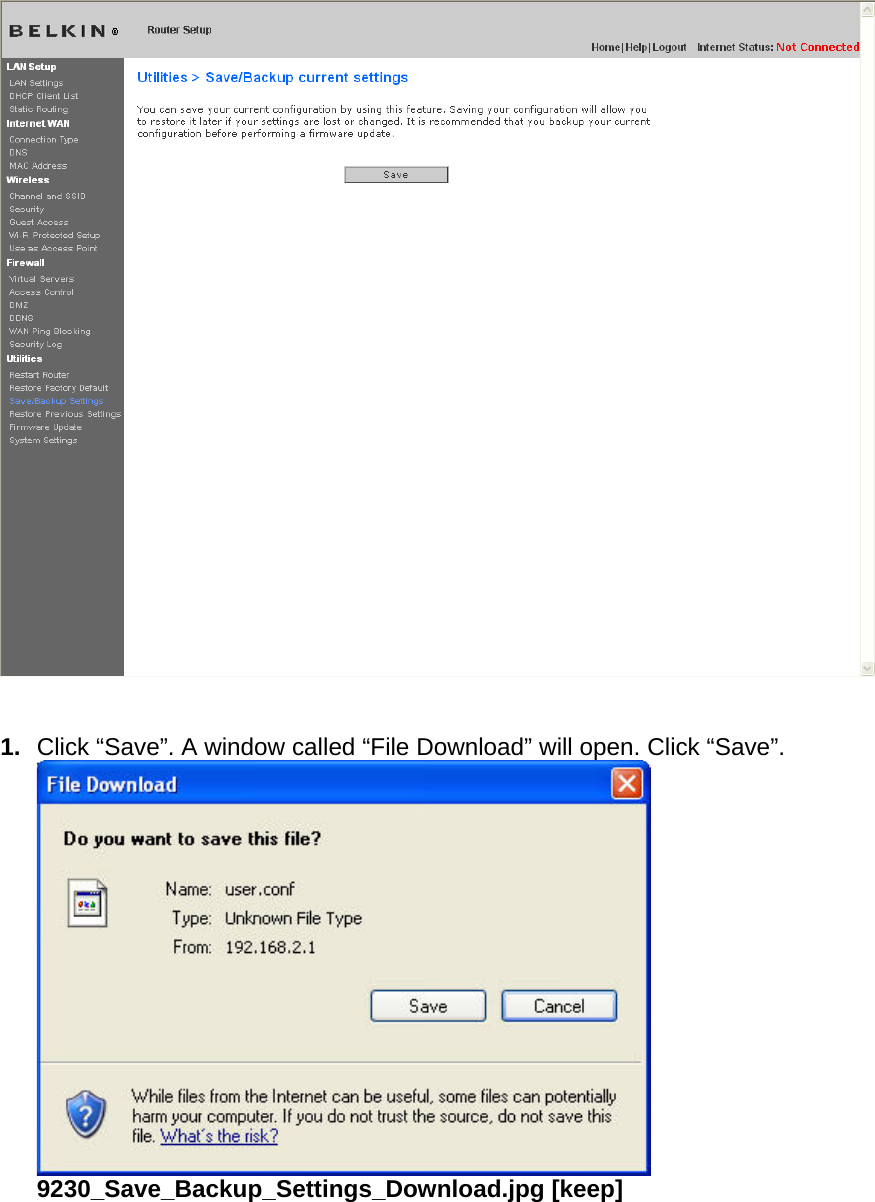     1.  Click “Save”. A window called “File Download” will open. Click “Save”.  9230_Save_Backup_Settings_Download.jpg [keep]  