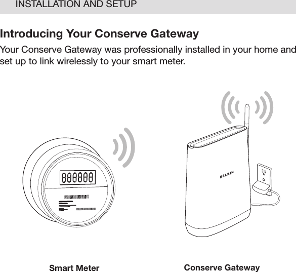06Introducing Your Conserve GatewayYour Conserve Gateway was professionally installed in your home and set up to link wirelessly to your smart meter. INSTALLATION AND SETUPSmart Meter Conserve Gateway