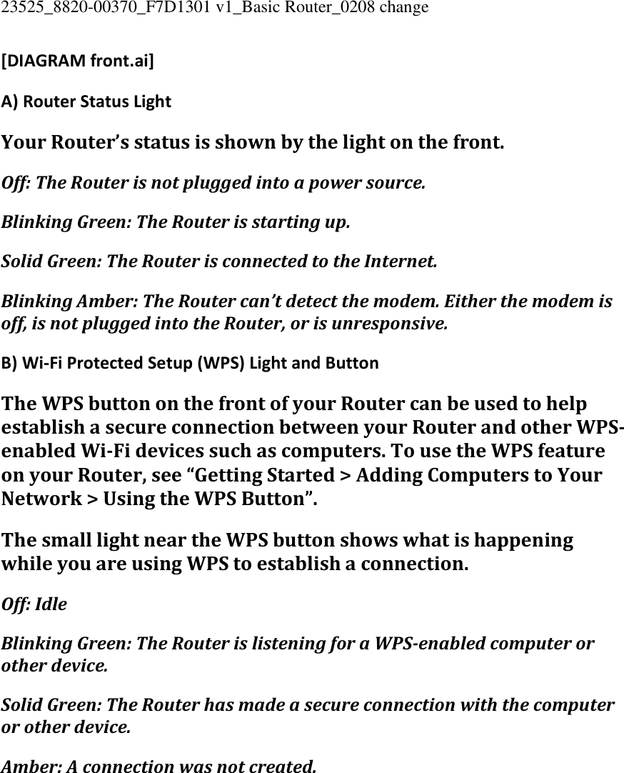 23525_8820-00370_F7D1301 v1_Basic Router_0208 change  [DIAGRAM front.ai] A) Router Status Light Your Router’s status is shown by the light on the front. Off: The Router is not plugged into a power source. Blinking Green: The Router is starting up. Solid Green: The Router is connected to the Internet. Blinking Amber: The Router can’t detect the modem. Either the modem is off, is not plugged into the Router, or is unresponsive. B) Wi-Fi Protected Setup (WPS) Light and Button The WPS button on the front of your Router can be used to help establish a secure connection between your Router and other WPS-enabled Wi-Fi devices such as computers. To use the WPS feature on your Router, see “Getting Started &gt; Adding Computers to Your Network &gt; Using the WPS Button”. The small light near the WPS button shows what is happening while you are using WPS to establish a connection. Off: Idle Blinking Green: The Router is listening for a WPS-enabled computer or other device. Solid Green: The Router has made a secure connection with the computer or other device. Amber: A connection was not created. 