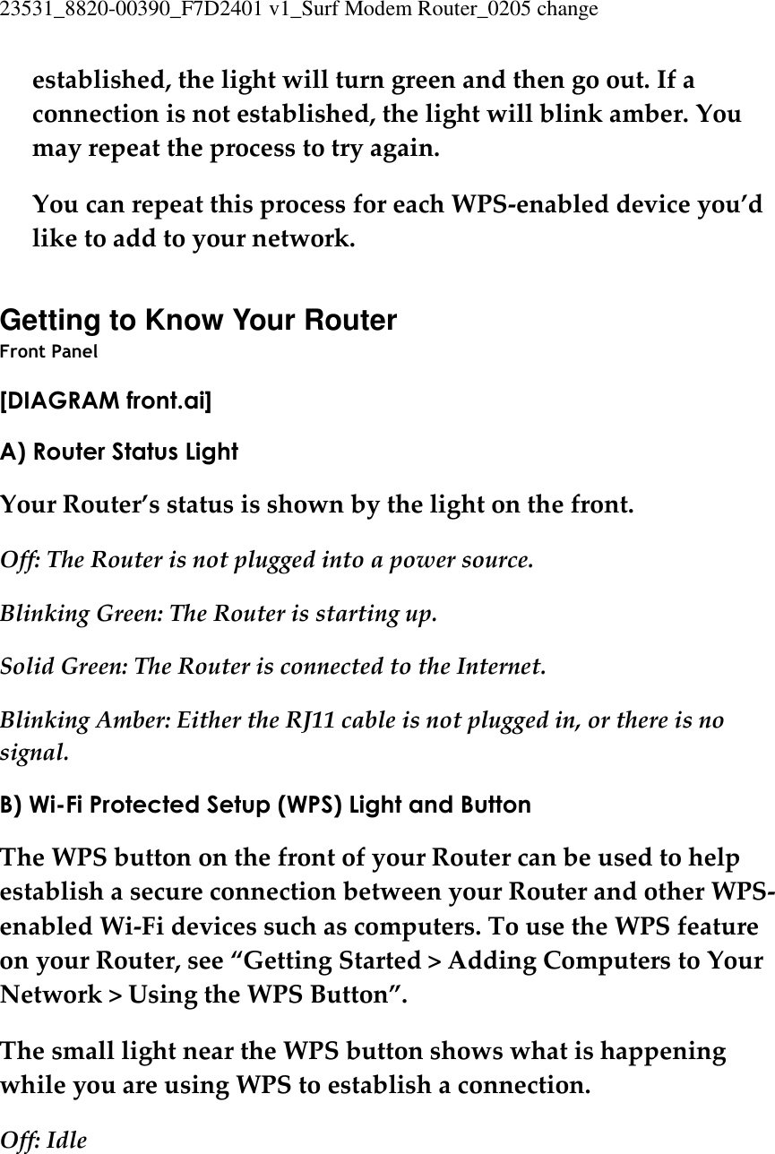 23531_8820-00390_F7D2401 v1_Surf Modem Router_0205 change  established, the light will turn green and then go out. If a connection is not established, the light will blink amber. You may repeat the process to try again. You can repeat this process for each WPS-enabled device you’d like to add to your network.  Getting to Know Your Router Front Panel [DIAGRAM front.ai] A) Router Status Light Your Router’s status is shown by the light on the front. Off: The Router is not plugged into a power source. Blinking Green: The Router is starting up. Solid Green: The Router is connected to the Internet. Blinking Amber: Either the RJ11 cable is not plugged in, or there is no signal. B) Wi-Fi Protected Setup (WPS) Light and Button The WPS button on the front of your Router can be used to help establish a secure connection between your Router and other WPS-enabled Wi-Fi devices such as computers. To use the WPS feature on your Router, see “Getting Started &gt; Adding Computers to Your Network &gt; Using the WPS Button”. The small light near the WPS button shows what is happening while you are using WPS to establish a connection. Off: Idle 