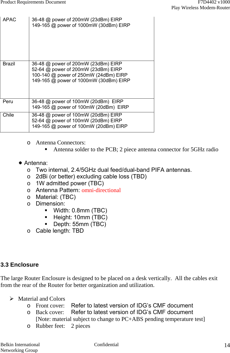 Product Requirements Document    F7D4402 v1000     Play Wireless Modem-Router  Belkin International  Confidential Networking Group 14APAC  36-48 @ power of 200mW (23dBm) EIRP 149-165 @ power of 1000mW (30dBm) EIRP Brazil  36-48 @ power of 200mW (23dBm) EIRP 52-64 @ power of 200mW (23dBm) EIRP 100-140 @ power of 250mW (24dBm) EIRP  149-165 @ power of 1000mW (30dBm) EIRP Peru  36-48 @ power of 100mW (20dBm)  EIRP        149-165 @ power of 100mW (20dBm)  EIRP Chile  36-48 @ power of 100mW (20dBm) EIRP 52-64 @ power of 100mW (20dBm) EIRP 149-165 @ power of 100mW (20dBm) EIRP  o  Antenna Connectors:  Antenna solder to the PCB; 2 piece antenna connector for 5GHz radio   Antenna:     o  Two internal, 2.4/5GHz dual feed/dual-band PIFA antennas. o  2dBi (or better) excluding cable loss (TBD) o  1W admitted power (TBC) o  Antenna Pattern: omni-directional o  Material: (TBC) o  Dimension:   Width: 0.8mm (TBC)  Height: 10mm (TBC)  Depth: 55mm (TBC) o  Cable length: TBD     3.3 Enclosure  The large Router Enclosure is designed to be placed on a desk vertically.  All the cables exit from the rear of the Router for better organization and utilization.     Material and Colors  o  Front cover:  Refer to latest version of IDG’s CMF document o  Back cover:  Refer to latest version of IDG’s CMF document [Note: material subject to change to PC+ABS pending temperature test] o  Rubber feet:   2 pieces 