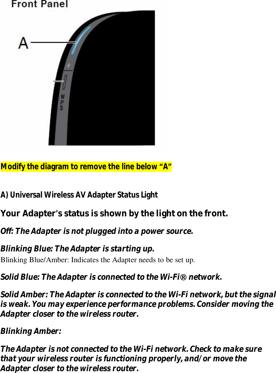    Modify the diagram to remove the line below “A”  A) Universal Wireless AV Adapter Status Light Your Adapter’s status is shown by the light on the front. Off: The Adapter is not plugged into a power source. Blinking Blue: The Adapter is starting up. Blinking Blue/Amber: Indicates the Adapter needs to be set up. Solid Blue: The Adapter is connected to the Wi-Fi® network. Solid Amber: The Adapter is connected to the Wi-Fi network, but the signal is weak. You may experience performance problems. Consider moving the Adapter closer to the wireless router. Blinking Amber:  The Adapter is not connected to the Wi-Fi network. Check to make sure that your wireless router is functioning properly, and/or move the Adapter closer to the wireless router.   