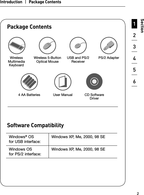 123456789102Section  Package Contents  Software CompatibilityWindows® OS  for USB interface:Windows XP, Me, 2000, 98 SEWindows OS  for PS/2 interface:Windows XP, Me, 2000, 98 SEWireless Multimedia Keyboard4 AA BatteriesWireless 5-Button  Optical Mouse User ManualUSB and PS/2 ReceiverCD Software DriverIntroduction   |   Package ContentsPS/2 Adapter
