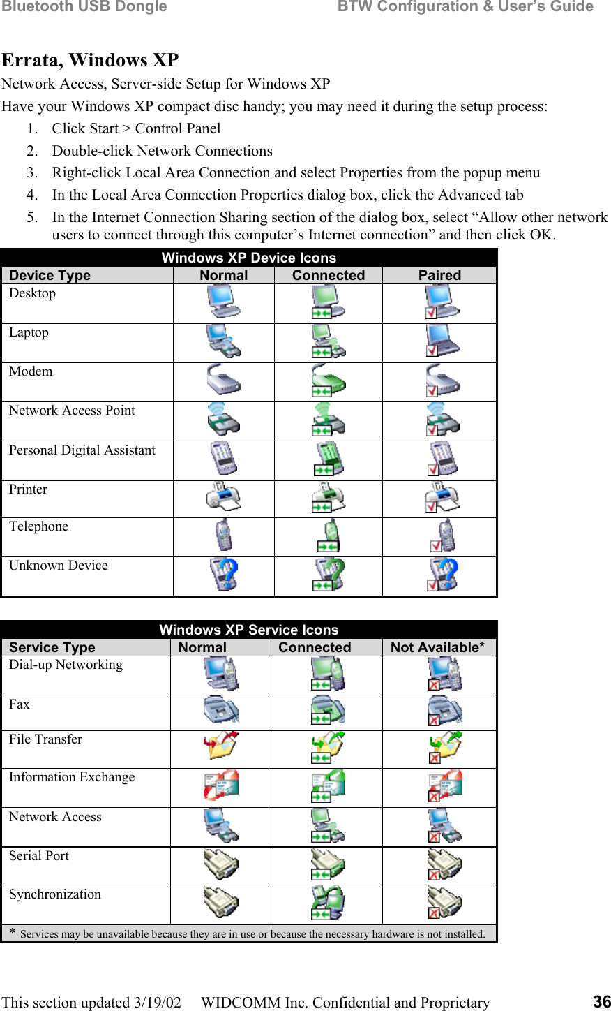 Bluetooth USB Dongle                                        BTW Configuration &amp; User’s Guide This section updated 3/19/02     WIDCOMM Inc. Confidential and Proprietary  36 Errata, Windows XP Network Access, Server-side Setup for Windows XP Have your Windows XP compact disc handy; you may need it during the setup process: 1.  Click Start &gt; Control Panel 2. Double-click Network Connections 3.  Right-click Local Area Connection and select Properties from the popup menu 4.  In the Local Area Connection Properties dialog box, click the Advanced tab  5.  In the Internet Connection Sharing section of the dialog box, select “Allow other network users to connect through this computer’s Internet connection” and then click OK. Windows XP Device Icons Device Type  Normal  Connected  Paired Desktop     Laptop      Modem     Network Access Point      Personal Digital Assistant     Printer     Telephone     Unknown Device      Windows XP Service Icons Service Type  Normal  Connected  Not Available* Dial-up Networking      Fax    File Transfer     Information Exchange    Network Access      Serial Port     Synchronization    *  Services may be unavailable because they are in use or because the necessary hardware is not installed.  