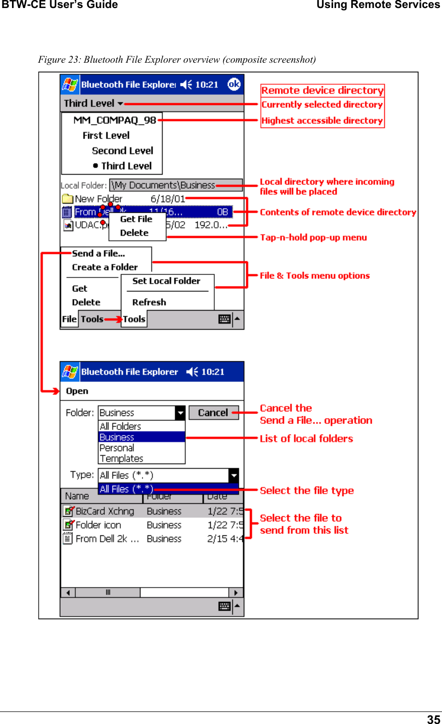 BTW-CE User’s Guide    Using Remote Services  35  Figure 23: Bluetooth File Explorer overview (composite screenshot)   
