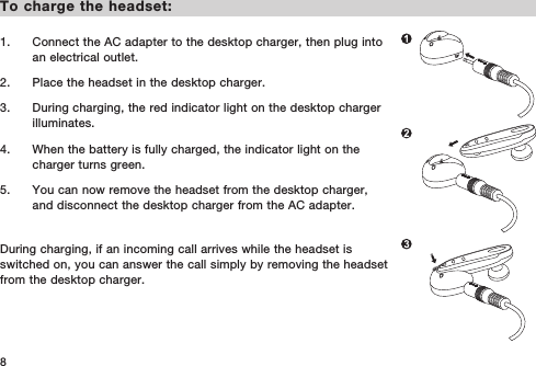 8To charge the headset:1.   Connect the AC adapter to the desktop charger, then plug into an electrical outlet. 2.   Place the headset in the desktop charger.3.   During charging, the red indicator light on the desktop charger illuminates.4.   When the battery is fully charged, the indicator light on the charger turns green.5.   You can now remove the headset from the desktop charger, and disconnect the desktop charger from the AC adapter.During charging, if an incoming call arrives while the headset is switched on, you can answer the call simply by removing the headset from the desktop charger. 