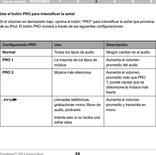 TuneBase™ FM a manos libre69SECCIONESTabla de contenido 54321 6 54321 6 USE SU TUNEBASEUse el botón PRO para intensificar la señalSi el volumen es demasiado bajo, oprima el botón “PRO” para intensificar la señal que proviene de su iPod. El botón PRO moverá a través de las siguientes configuraciones:Configuración PRO Uso DescripciónNormal Todos los tipos de audio Ningún cambio en el audio.PRO 1 La mayoría de los tipos de músicaAumenta el volumen promedio del audioPRO 2 Música más silenciosa Aumenta el volumen promedio más que PRO 1; puede causar que se distorsione la música más fuerte Llamadas telefónicas, grabaciones mono, libros de audio, podcastsIntente esto si no recibe una señal claraAumenta el volumen promedio y transmite en mono