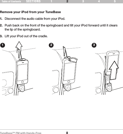 TuneBase™ FM with Hands-Free8SECTIONS 1 3 654Table of Contents 2SET UP YOUR TUNEBASERemove your iPod from your TuneBase1.  Disconnect the audio cable from your iPod.2.  Push back on the front of the springboard and tilt your iPod forward until it clears  the lip of the springboard.3.  Lift your iPod out of the cradle.Removal  1 2 3