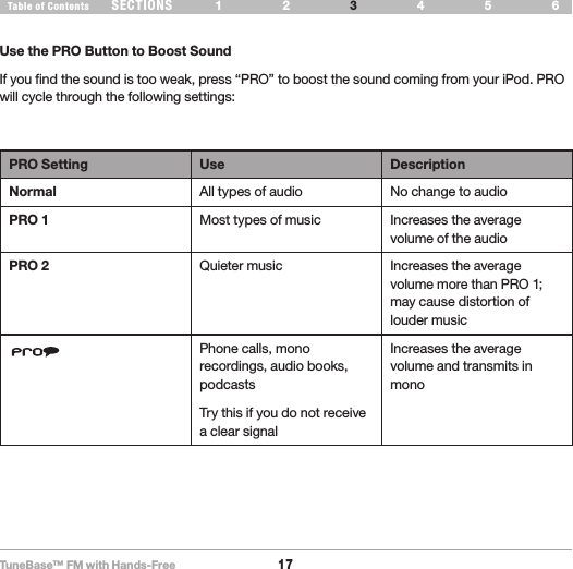 TuneBase™ FM with Hands-Free17SECTIONS 1 2 654Table of Contents 3USE YOUR TUNEBASEUse the PRO Button to Boost SoundIf you find the sound is too weak, press “PRO” to boost the sound coming from your iPod. PRO will cycle through the following settings:PRO Setting Use DescriptionNormal All types of audio No change to audioPRO 1 Most types of music Increases the average volume of the audioPRO 2 Quieter music Increases the average volume more than PRO 1; may cause distortion of louder music Phone calls, mono recordings, audio books, podcastsTry this if you do not receive a clear signalIncreases the average volume and transmits in mono