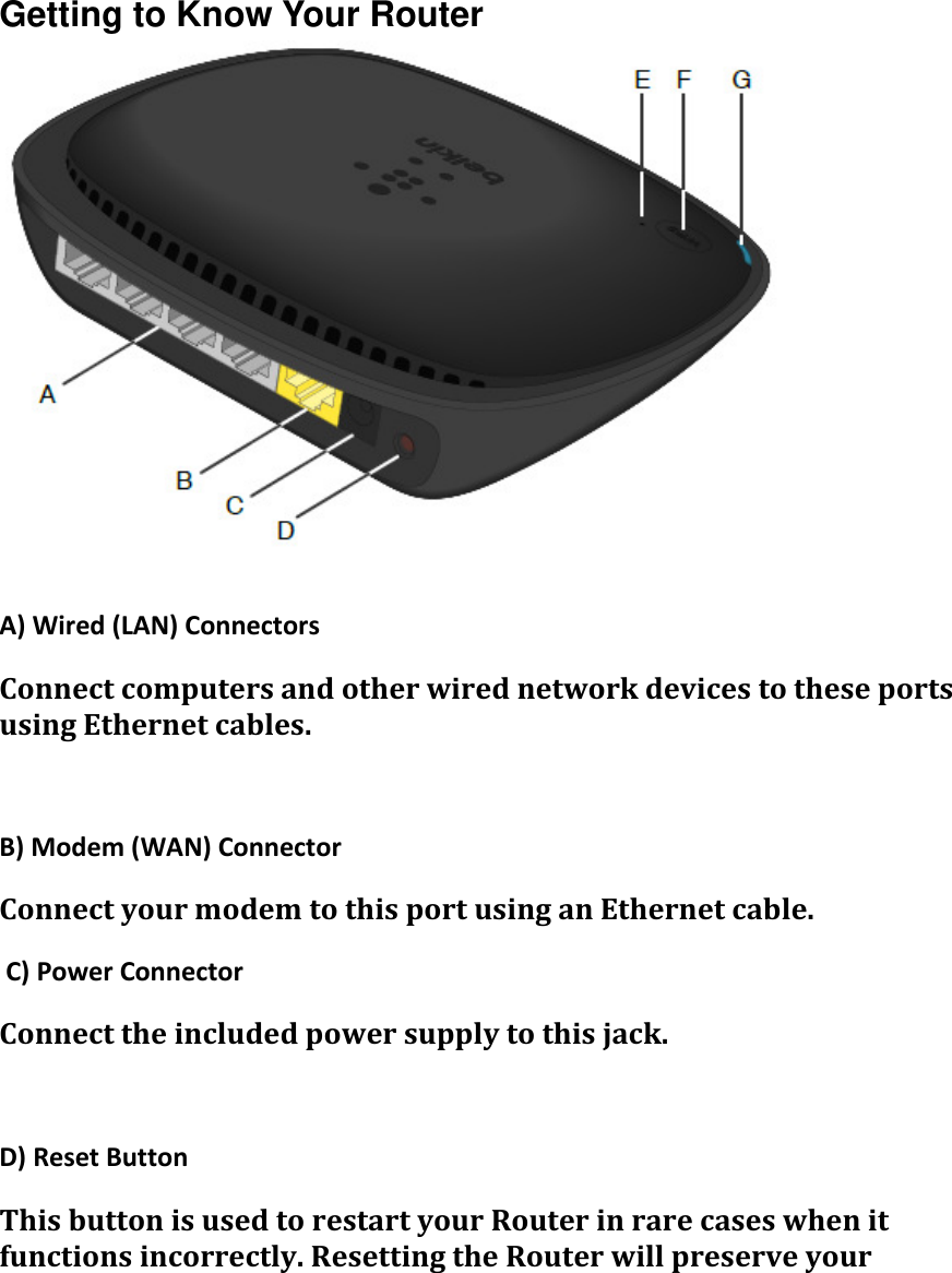    Getting to Know Your Router     A)Wired(LAN)ConnectorsConnectcomputersandotherwirednetworkdevicestotheseportsusingEthernetcables.B)Modem(WAN)ConnectorConnectyourmodemtothisportusinganEthernetcable.C)PowerConnectorConnecttheincludedpowersupplytothisjack.D)ResetButtonThisbuttonisusedtorestartyourRouterinrarecaseswhenitfunctionsincorrectly.ResettingtheRouterwillpreserveyour