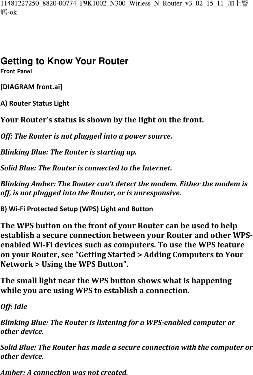 11481227250_8820-00774_F9K1002_N300_Wirless_N_Router_v3_02_15_11_加上警語-ok   Getting to Know Your Router Front Panel [DIAGRAMfront.ai]A)RouterStatusLightYourRouter’sstatusisshownbythelightonthefront.Off:TheRouterisnotpluggedintoapowersource.BlinkingBlue:TheRouterisstartingup.SolidBlue:TheRouterisconnectedtotheInternet.BlinkingAmber:TheRoutercan’tdetectthemodem.Eitherthemodemisoff,isnotpluggedintotheRouter,orisunresponsive.B)Wi‐FiProtectedSetup(WPS)LightandButtonTheWPSbuttononthefrontofyourRoutercanbeusedtohelpestablishasecureconnectionbetweenyourRouterandotherWPS‐enabledWi‐Fidevicessuchascomputers.TousetheWPSfeatureonyourRouter,see“GettingStarted&gt;AddingComputerstoYourNetwork&gt;UsingtheWPSButton”.ThesmalllightneartheWPSbuttonshowswhatishappeningwhileyouareusingWPStoestablishaconnection.Off:IdleBlinkingBlue:TheRouterislisteningforaWPS‐enabledcomputerorotherdevice.SolidBlue:TheRouterhasmadeasecureconnectionwiththecomputerorotherdevice.Amber:Aconnectionwasnotcreated.