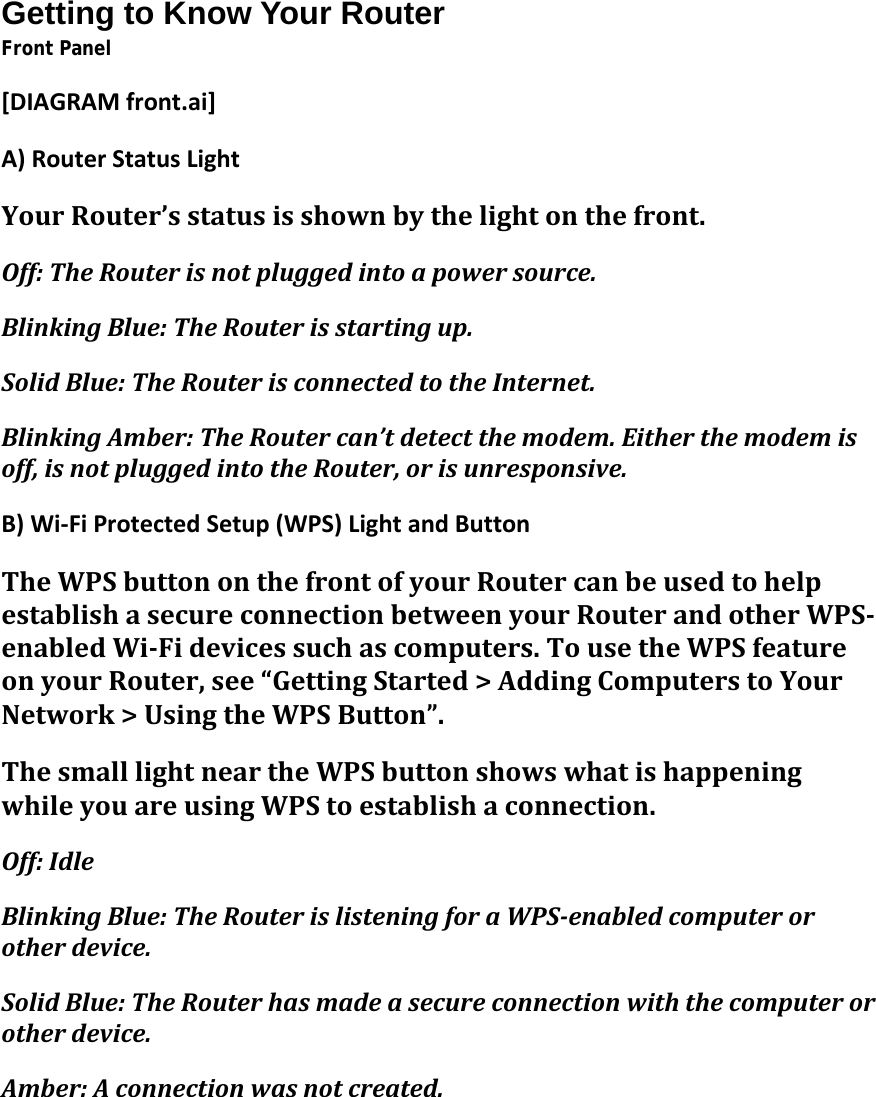    Getting to Know Your Router Front Panel [DIAGRAMfront.ai]A)RouterStatusLightYourRouter’sstatusisshownbythelightonthefront.Off:TheRouterisnotpluggedintoapowersource.BlinkingBlue:TheRouterisstartingup.SolidBlue:TheRouterisconnectedtotheInternet.BlinkingAmber:TheRoutercan’tdetectthemodem.Eitherthemodemisoff,isnotpluggedintotheRouter,orisunresponsive.B)Wi‐FiProtectedSetup(WPS)LightandButtonTheWPSbuttononthefrontofyourRoutercanbeusedtohelpestablishasecureconnectionbetweenyourRouterandotherWPS‐enabledWi‐Fidevicessuchascomputers.TousetheWPSfeatureonyourRouter,see“GettingStarted&gt;AddingComputerstoYourNetwork&gt;UsingtheWPSButton”.ThesmalllightneartheWPSbuttonshowswhatishappeningwhileyouareusingWPStoestablishaconnection.Off:IdleBlinkingBlue:TheRouterislisteningforaWPS‐enabledcomputerorotherdevice.SolidBlue:TheRouterhasmadeasecureconnectionwiththecomputerorotherdevice.Amber:Aconnectionwasnotcreated.