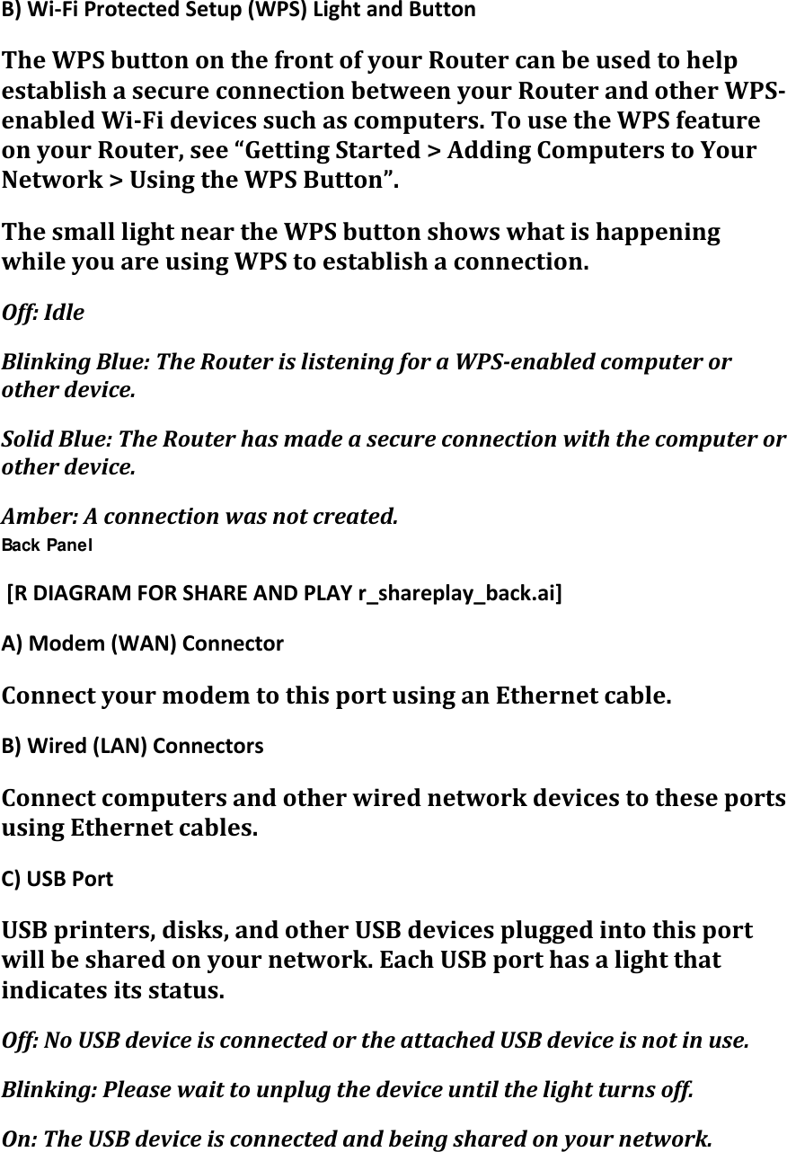 B)Wi‐FiProtectedSetup(WPS)LightandButtonTheWPSbuttononthefrontofyourRoutercanbeusedtohelpestablishasecureconnectionbetweenyourRouterandotherWPS‐enabledWi‐Fidevicessuchascomputers.TousetheWPSfeatureonyourRouter,see“GettingStarted&gt;AddingComputerstoYourNetwork&gt;UsingtheWPSButton”.ThesmalllightneartheWPSbuttonshowswhatishappeningwhileyouareusingWPStoestablishaconnection.Off:IdleBlinkingBlue:TheRouterislisteningforaWPS‐enabledcomputerorotherdevice.SolidBlue:TheRouterhasmadeasecureconnectionwiththecomputerorotherdevice.Amber:Aconnectionwasnotcreated.Back Panel [RDIAGRAMFORSHAREANDPLAYr_shareplay_back.ai]A)Modem(WAN)ConnectorConnectyourmodemtothisportusinganEthernetcable.B)Wired(LAN)ConnectorsConnectcomputersandotherwirednetworkdevicestotheseportsusingEthernetcables.C)USBPortUSBprinters,disks,andotherUSBdevicespluggedintothisportwillbesharedonyournetwork.EachUSBporthasalightthatindicatesitsstatus.Off:NoUSBdeviceisconnectedortheattachedUSBdeviceisnotinuse.Blinking:Pleasewaittounplugthedeviceuntilthelightturnsoff.On:TheUSBdeviceisconnectedandbeingsharedonyournetwork.