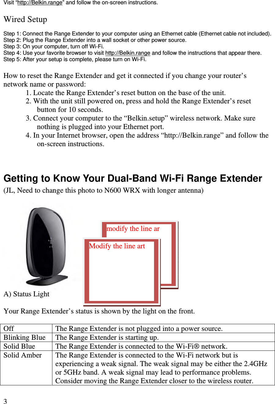   3   Visit “http://Belkin.range” and follow the on-screen instructions.  Wired Setup  Step 1: Connect the Range Extender to your computer using an Ethernet cable (Ethernet cable not included). Step 2: Plug the Range Extender into a wall socket or other power source. Step 3: On your computer, turn off Wi-Fi. Step 4: Use your favorite browser to visit http://Belkin.range and follow the instructions that appear there. Step 5: After your setup is complete, please turn on Wi-Fi.  How to reset the Range Extender and get it connected if you change your router’s network name or password: 1. Locate the Range Extender’s reset button on the base of the unit. 2. With the unit still powered on, press and hold the Range Extender’s reset button for 10 seconds. 3. Connect your computer to the “Belkin.setup” wireless network. Make sure nothing is plugged into your Ethernet port. 4. In your Internet browser, open the address “http://Belkin.range” and follow the on-screen instructions.   Getting to Know Your Dual-Band Wi-Fi Range Extender (JL, Need to change this photo to N600 WRX with longer antenna)   A) Status Light  Your Range Extender’s status is shown by the light on the front.  Off  The Range Extender is not plugged into a power source. Blinking Blue  The Range Extender is starting up. Solid Blue  The Range Extender is connected to the Wi-Fi® network. Solid Amber  The Range Extender is connected to the Wi-Fi network but is experiencing a weak signal. The weak signal may be either the 2.4GHz or 5GHz band. A weak signal may lead to performance problems. Consider moving the Range Extender closer to the wireless router. modify the line ar Modify the line art 