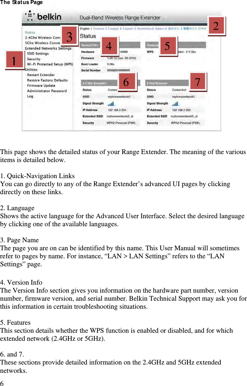   6  The Status Page    This page shows the detailed status of your Range Extender. The meaning of the various items is detailed below.  1. Quick-Navigation Links You can go directly to any of the Range Extender’s advanced UI pages by clicking directly on these links.      2. Language Shows the active language for the Advanced User Interface. Select the desired language by clicking one of the available languages.  3. Page Name   The page you are on can be identified by this name. This User Manual will sometimes refer to pages by name. For instance, “LAN &gt; LAN Settings” refers to the “LAN Settings” page.  4. Version Info   The Version Info section gives you information on the hardware part number, version number, firmware version, and serial number. Belkin Technical Support may ask you for this information in certain troubleshooting situations.  5. Features This section details whether the WPS function is enabled or disabled, and for which extended network (2.4GHz or 5GHz).  6. and 7.   These sections provide detailed information on the 2.4GHz and 5GHz extended networks. 132 4 567 