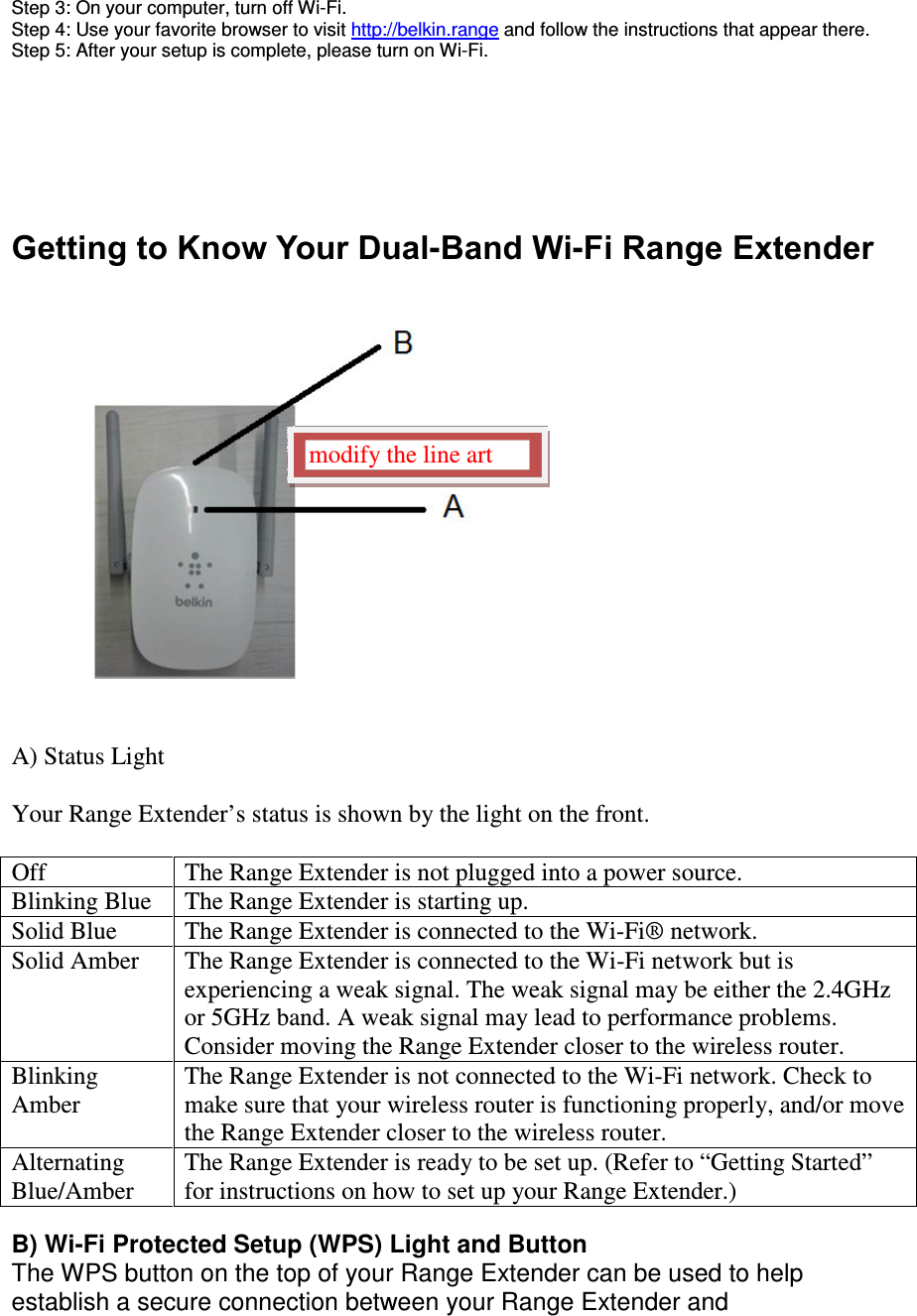   Step 3: On your computer, turn off Wi-Fi. Step 4: Use your favorite browser to visit http://belkin.range and follow the instructions that appear there. Step 5: After your setup is complete, please turn on Wi-Fi.      Getting to Know Your Dual-Band Wi-Fi Range Extender    A) Status Light  Your Range Extender’s status is shown by the light on the front.  Off  The Range Extender is not plugged into a power source. Blinking Blue  The Range Extender is starting up. Solid Blue  The Range Extender is connected to the Wi-Fi® network. Solid Amber  The Range Extender is connected to the Wi-Fi network but is experiencing a weak signal. The weak signal may be either the 2.4GHz or 5GHz band. A weak signal may lead to performance problems. Consider moving the Range Extender closer to the wireless router. Blinking Amber The Range Extender is not connected to the Wi-Fi network. Check to make sure that your wireless router is functioning properly, and/or move the Range Extender closer to the wireless router.   Alternating Blue/Amber The Range Extender is ready to be set up. (Refer to “Getting Started” for instructions on how to set up your Range Extender.)  B) Wi-Fi Protected Setup (WPS) Light and Button The WPS button on the top of your Range Extender can be used to help establish a secure connection between your Range Extender and modify the line art  