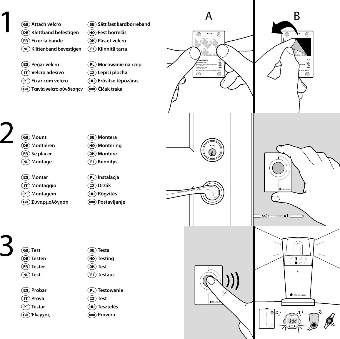 x1www.bellman.comBellman Visit 868 Pushbutton transmitterModel: BE1420Frequency 868,3 MHzBattery: 1 x 6VMade in P.R.C. by Bellman &amp; Symfon AB, SwedenBAAttach velcroKlettband befestigenFixer la bandeKlittenband bevestigenS&auml;tt fast kardborrebandFest borrel&aring;sP&aring;s&aelig;t velcroKiinnit&auml; tarraPegar velcroVelcro adesivoFixar com velcro&Tau;&alpha;&iota;&nu;ί&alpha; velcro &sigma;ύ&nu;&delta;&epsilon;&sigma;&eta;&sigmaf;vMocowanie na rzepLep&iacute;c&iacute; plochaErős&iacute;tse t&eacute;pőz&aacute;rasČičak traka1MountMontierenSe placerMontageMonteraMonteringMontereKiinnitysMontarMontaggioMontagem&Sigma;&upsilon;&nu;&alpha;&rho;&mu;&omicron;&lambda;ό&gamma;&eta;&sigma;&eta;InstalacjaDrž&aacute;kR&ouml;gz&iacute;t&eacute;sPostavljanje2TestTestenTesterTestTestaTestingTestTestausProbarProvaTestarΈ&lambda;&epsilon;&gamma;&chi;&omicron;&sigmaf;TestowanieTestTesztel&eacute;sProvera3