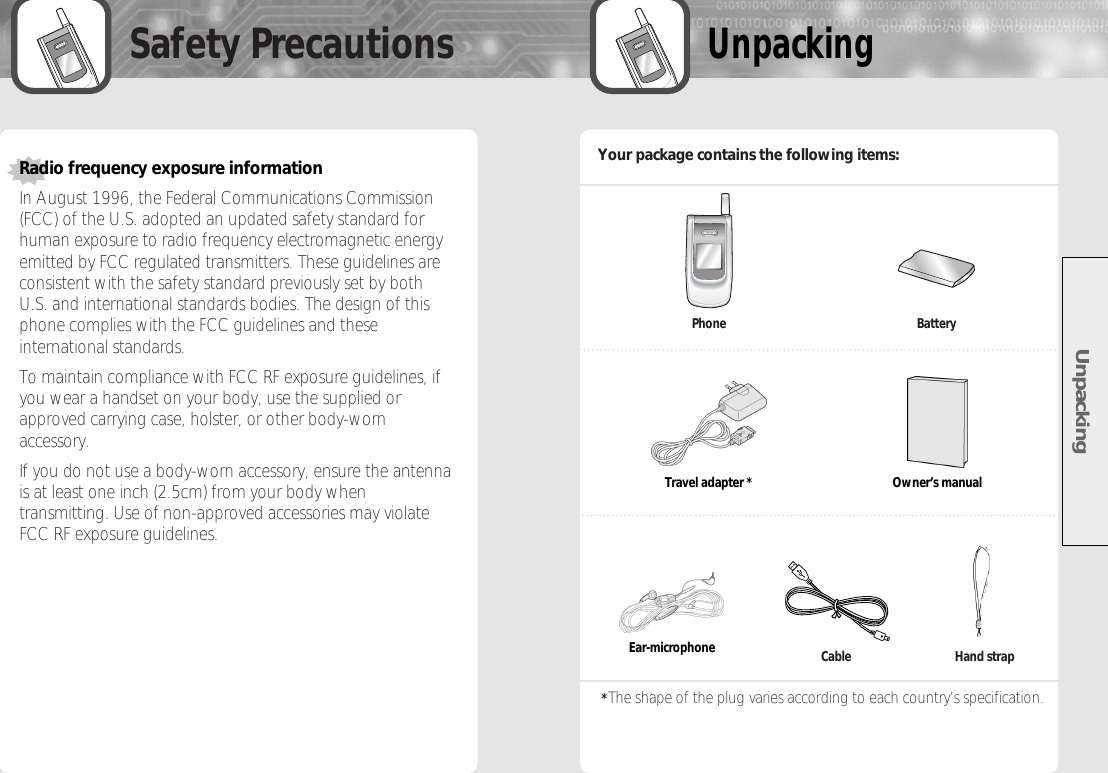 Safety PrecautionsUnpackingUnpacking5 6Your package contains the following items:  *The shape of the plug varies according to each country’s specification.Phone BatteryCable Hand strapTravel adapter *Ear-microphoneOwner’s manualRadio frequency exposure informationIn August 1996, the Federal Communications Commission(FCC) of the U.S. adopted an updated safety standard forhuman exposure to radio frequency electromagnetic energyemitted by FCC regulated transmitters. These guidelines areconsistent with the safety standard previously set by bothU.S. and international standards bodies. The design of thisphone complies with the FCC guidelines and theseinternational standards.To maintain compliance with FCC RF exposure guidelines, ifyou wear a handset on your body, use the supplied orapproved carrying case, holster, or other body-wornaccessory.If you do not use a body-worn accessory, ensure the antennais at least one inch (2.5cm) from your body whentransmitting. Use of non-approved accessories may violateFCC RF exposure guidelines.