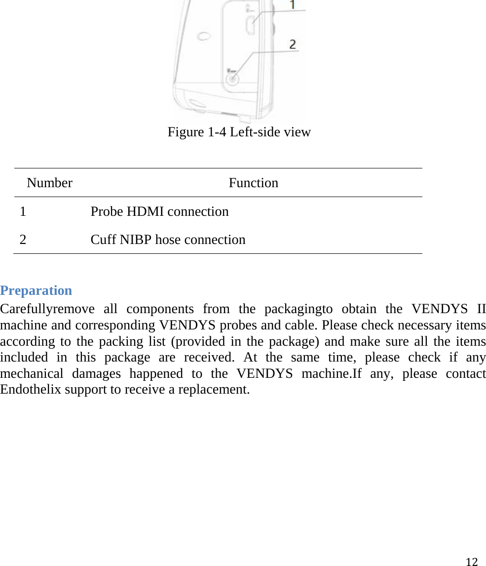 12 Figure 1-4 Left-side view  Number Function 1  Probe HDMI connection 2   Cuff NIBP hose connection  Preparation Carefullyremove all components from the packagingto obtain the VENDYS II machine and corresponding VENDYS probes and cable. Please check necessary items according to the packing list (provided in the package) and make sure all the items included in this package are received. At the same time, please check if any mechanical damages happened to the VENDYS machine.If any, please contact Endothelix support to receive a replacement.  