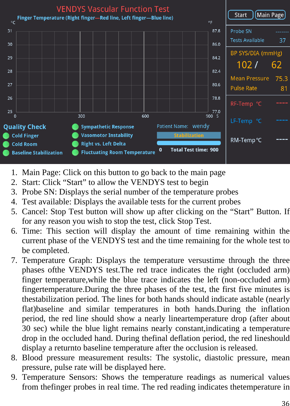 36 1. Main Page: Click on this button to go back to the main page 2. Start: Click “Start” to allow the VENDYS test to begin 3. Probe SN: Displays the serial number of the temperature probes 4. Test available: Displays the available tests for the current probes 5. Cancel: Stop Test button will show up after clicking on the “Start” Button. If for any reason you wish to stop the test, click Stop Test.  6. Time: This section will display the amount of time remaining within the current phase of the VENDYS test and the time remaining for the whole test to be completed. 7. Temperature Graph: Displays the temperature versustime through the three phases ofthe VENDYS test.The red trace indicates the right (occluded arm) finger temperature,while the blue trace indicates the left (non-occluded arm) fingertemperature.During the three phases of the test, the first five minutes is thestabilization period. The lines for both hands should indicate astable (nearly flat)baseline and similar temperatures in both hands.During the inflation period, the red line should show a nearly lineartemperature drop (after about 30 sec) while the blue light remains nearly constant,indicating a temperature drop in the occluded hand. During thefinal deflation period, the red lineshould display a returnto baseline temperature after the occlusion is released. 8. Blood pressure measurement results: The systolic, diastolic pressure, mean pressure, pulse rate will be displayed here.  9. Temperature Sensors: Shows the temperature readings as numerical values from thefinger probes in real time. The red reading indicates thetemperature in 
