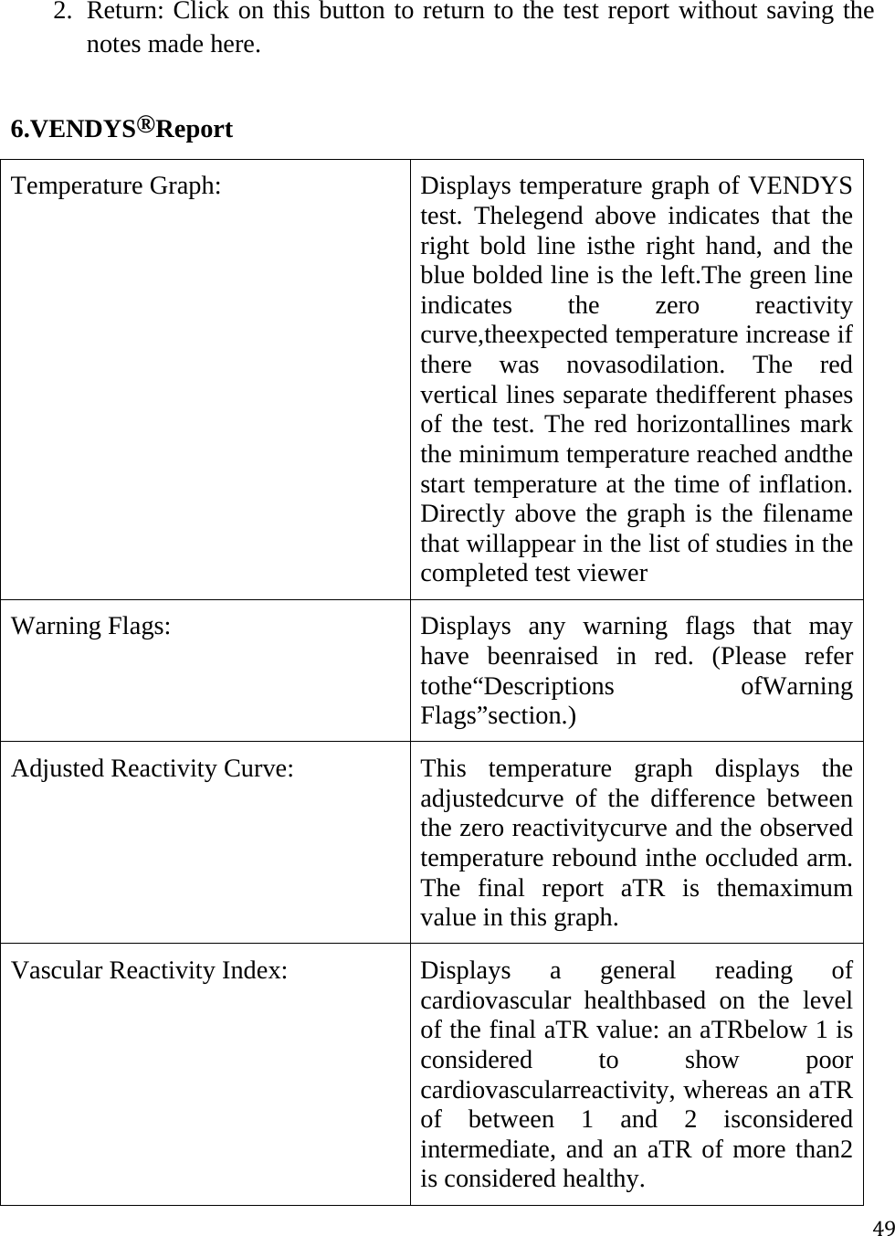 492. Return: Click on this button to return to the test report without saving the notes made here.  6.VENDYS®Report Temperature Graph:  Displays temperature graph of VENDYS test. Thelegend above indicates that the right bold line isthe right hand, and the blue bolded line is the left.The green line indicates the zero reactivity curve,theexpected temperature increase if there was novasodilation. The red vertical lines separate thedifferent phases of the test. The red horizontallines mark the minimum temperature reached andthe start temperature at the time of inflation. Directly above the graph is the filename that willappear in the list of studies in the completed test viewer Warning Flags:  Displays  any warning flags that may have beenraised in red. (Please refer tothe“Descriptions ofWarning Flags”section.) Adjusted Reactivity Curve:  This  temperature  graph  displays  the adjustedcurve of the difference between the zero reactivitycurve and the observed temperature rebound inthe occluded arm. The final report aTR is themaximum value in this graph. Vascular Reactivity Index:  Displays  a  general  reading  of cardiovascular healthbased on the level of the final aTR value: an aTRbelow 1 is considered to show poor cardiovascularreactivity, whereas an aTR of between 1 and 2 isconsidered intermediate, and an aTR of more than2 is considered healthy. 