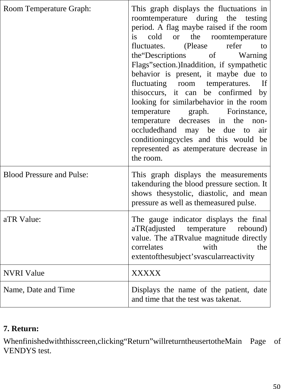 50Room Temperature Graph:  This graph displays the fluctuations in roomtemperature during the testing period. A flag maybe raised if the room is cold or the roomtemperature fluctuates. (Please refer to the“Descriptions of Warning Flags”section.)Inaddition, if sympathetic behavior is present, it maybe due to fluctuating room temperatures. If thisoccurs, it can be confirmed by looking for similarbehavior in the room temperature graph. Forinstance, temperature decreases in the non-occludedhand may be due to air conditioningcycles and this would be represented as atemperature decrease in the room. Blood Pressure and Pulse:  This  graph  displays  the  measurements takenduring the blood pressure section. It shows thesystolic, diastolic, and mean pressure as well as themeasured pulse. aTR Value:  The gauge indicator displays the final aTR(adjusted temperature rebound) value. The aTRvalue magnitude directly correlates with the extentofthesubject’svascularreactivity NVRI Value  XXXXX Name, Date and Time  Displays  the name of the patient, date and time that the test was takenat.  7. Return: Whenfinishedwiththisscreen,clicking“Return”willreturntheusertotheMain Page of VENDYS test. 