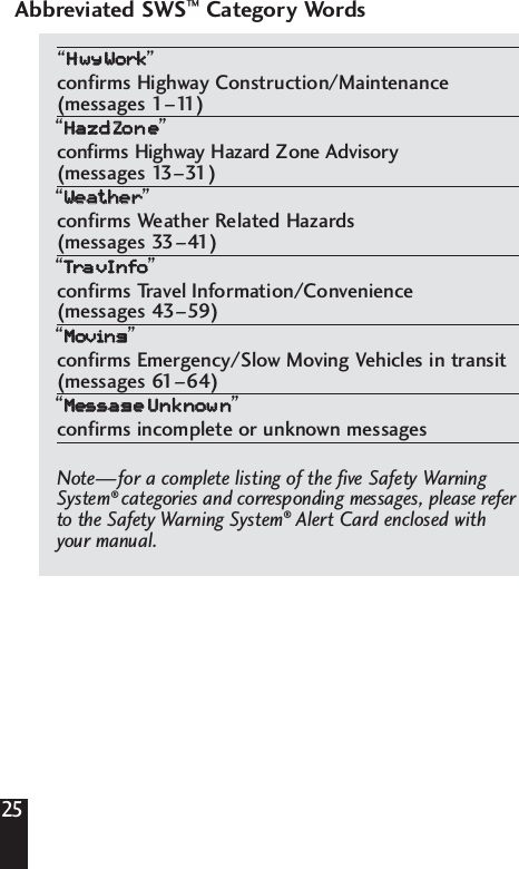 Abbreviated SWS&trade;Category Words&ldquo;HHwwyyWWoorrkk&rdquo;confirms Highway Construction/Maintenance(messages 1&ndash;11)&ldquo;HHaazzddZZoonnee&rdquo;confirms Highway Hazard Zone Advisory(messages 13&ndash;31)&ldquo;WWeeaatthheerr&rdquo;confirms Weather Related Hazards(messages 33&ndash;41)&ldquo;TTrraavvIInnffoo&rdquo;confirms Travel Information/Convenience(messages 43&ndash;59)&ldquo;MMoovviinngg&rdquo;confirms Emergency/Slow Moving Vehicles in transit(messages 61&ndash;64)&ldquo;MMeessssaaggeeUUnnkknnoowwnn&rdquo;confirms incomplete or unknown messagesNote&mdash;for a complete listing of the five Safety WarningSystem&reg;categories and corresponding messages, please referto the Safety Warning System&reg;Alert Card enclosed with your manual.25