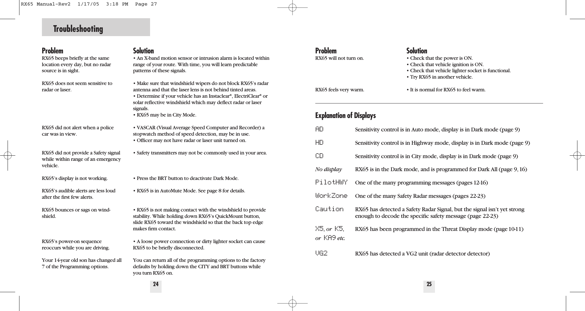 Troubleshooting24ProblemRX65 beeps brieﬂy at the same location every day, but no radarsource is in sight.RX65 does not seem sensitive toradar or laser.RX65 did not alert when a policecar was in view.RX65 did not provide a Safety signalwhile within range of an emergencyvehicle.RX65&rsquo;s display is not working.RX65&rsquo;s audible alerts are less loudafter the ﬁrst few alerts.RX65 bounces or sags on wind-shield.RX65&rsquo;s power-on sequence reoccurs while you are driving. Your 14-year old son has changed all7 of the Programming options.Solution&bull; An X-band motion sensor or intrusion alarm is located withinrange of your route. With time, you will learn predictablepatterns of these signals.&bull; Make sure that windshield wipers do not block RX65&rsquo;s radarantenna and that the laser lens is not behind tinted areas.&bull; Determine if your vehicle has an Instaclear&reg;, ElectriClear&reg;orsolar reﬂective windshield which may deﬂect radar or lasersignals.&bull; RX65 may be in City Mode.&bull; VASCAR (Visual Average Speed Computer and Recorder) astopwatch method of speed detection, may be in use.&bull; Ofﬁcer may not have radar or laser unit turned on.&bull; Safety transmitters may not be commonly used in your area.&bull; Press the BRT button to deactivate Dark Mode.&bull; RX65 is in AutoMute Mode. See page 8 for details.&bull; RX65 is not making contact with the windshield to providestability. While holding down RX65&rsquo;s QuickMount button,slide RX65 toward the windshield so that the back top edgemakes ﬁrm contact.&bull; A loose power connection or dirty lighter socket can causeRX65 to be brieﬂy disconnected.You can return all of the programming options to the factorydefaults by holding down the CITY and BRT buttons whileyou turn RX65 on.25ProblemRX65 will not turn on.RX65 feels very warm. Solution&bull; Check that the power is ON.&bull; Check that vehicle ignition is ON.&bull; Check that vehicle lighter socket is functional.&bull; Try RX65 in another vehicle.&bull; It is normal for RX65 to feel warm.Explanation of DisplaysAD Sensitivity control is in Auto mode, display is in Dark mode (page 9)HD Sensitivity control is in Highway mode, display is in Dark mode (page 9)CD Sensitivity control is in City mode, display is in Dark mode (page 9)No display RX65 is in the Dark mode, and is programmed for Dark All (page 9, 16)PilotHWY One of the many programming messages (pages 12-16)WorkZone One of the many Safety Radar messages (pages 22-23)Caution RX65 has detected a Safety Radar Signal, but the signal isn&rsquo;t yet strong enough to decode the speciﬁc safety message (page 22-23)X5, or  K5, RX65 has been programmed in the Threat Display mode (page 10-11)or  KA9 etc.VG2 RX65 has detected a VG2 unit (radar detector detector)RX65 Manual-Rev2  1/17/05  3:18 PM  Page 27