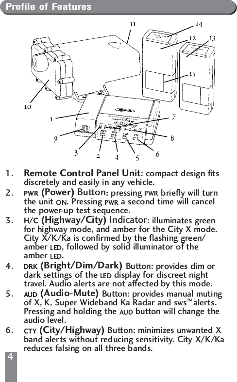 Profile of Features1. Remote Control Panel Unit: compact design fitsdiscretely and easily in any vehicle.2.  PWR (Power) Button:pressing PWR briefly will turnthe unit ON. Pressing PWR a second time will cancelthe power-up test sequence.3. H/C (Highway/City) Indicator: illuminates greenfor highway mode, and amber for the City X mode.City X/K/Ka is confirmed by the flashing green/amber LED, followed by solid illuminator of the amber LED.4.  DRK (Bright/Dim/Dark) Button: provides dim ordark settings of the LED display for discreet nighttravel. Audio alerts are not affected by this mode.5. AUD (Audio-Mute) Button: provides manual mutingof X, K, Super Wideband Ka Radar and sws&trade; alerts.Pressing and holding the AUD button will change theaudio level.6. CTY (City/Highway) Button: minimizes unwanted Xband alerts without reducing sensitivity. City X/K/Kareduces falsing on all three bands. 4