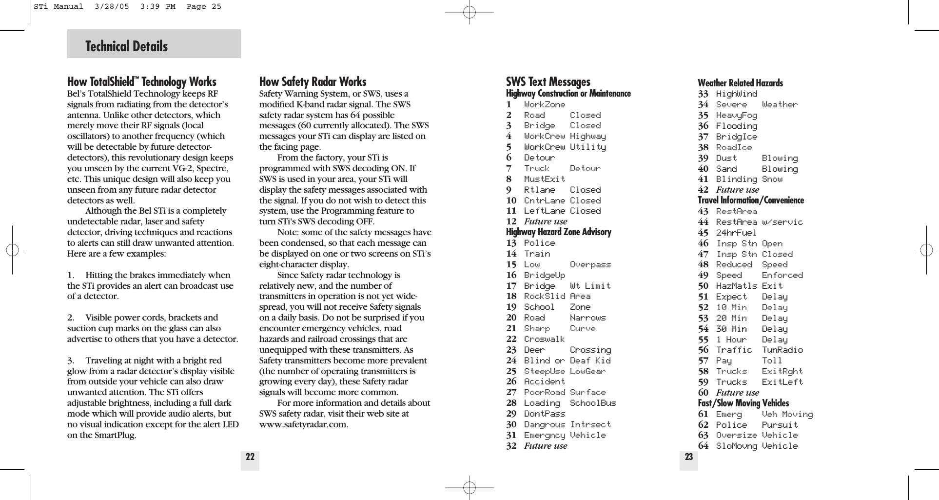 Technical Details22How TotalShield&trade;Technology WorksBel&rsquo;s TotalShield Technology keeps RFsignals from radiating from the detector&rsquo;santenna. Unlike other detectors, whichmerely move their RF signals (local oscillators) to another frequency (whichwill be detectable by future detector-detectors), this revolutionary design keepsyou unseen by the current VG-2, Spectre,etc. This unique design will also keep youunseen from any future radar detectordetectors as well.Although the Bel STi is a completely undetectable radar, laser and safetydetector, driving techniques and reactionsto alerts can still draw unwanted attention.Here are a few examples:1. Hitting the brakes immediately whenthe STi provides an alert can broadcast useof a detector.2. Visible power cords, brackets andsuction cup marks on the glass can alsoadvertise to others that you have a detector.3. Traveling at night with a bright redglow from a radar detector&rsquo;s display visiblefrom outside your vehicle can also drawunwanted attention. The STi offersadjustable brightness, including a full darkmode which will provide audio alerts, butno visual indication except for the alert LEDon the SmartPlug.How Safety Radar WorksSafety Warning System, or SWS, uses amodiﬁed K-band radar signal. The SWSsafety radar system has 64 possiblemessages (60 currently allocated). The SWSmessages your STi can display are listed onthe facing page.From the factory, your STi isprogrammed with SWS decoding ON. IfSWS is used in your area, your STi willdisplay the safety messages associated withthe signal. If you do not wish to detect thissystem, use the Programming feature toturn STi's SWS decoding OFF.Note: some of the safety messages havebeen condensed, so that each message canbe displayed on one or two screens on STi&rsquo;seight-character display.Since Safety radar technology is relatively new, and the number oftransmitters in operation is not yet wide-spread, you will not receive Safety signalson a daily basis. Do not be surprised if youencounter emergency vehicles, roadhazards and railroad crossings that areunequipped with these transmitters. AsSafety transmitters become more prevalent(the number of operating transmitters isgrowing every day), these Safety radarsignals will become more common.For more information and details aboutSWS safety radar, visit their web site atwww.safetyradar.com.23SWS Text MessagesHighway Construction or Maintenance1WorkZone2Road Closed3Bridge Closed4WorkCrew Highway5WorkCrew Utility6Detour7Truck Detour8MustExit9Rtlane Closed10 CntrLane Closed11 LeftLane Closed12 Future useHighway Hazard Zone Advisory13 Police14 Train15 Low Overpass16 BridgeUp17 Bridge Wt Limit18 RockSlid Area19 School Zone20 Road Narrows21 Sharp Curve22 Croswalk23 Deer Crossing24 Blind or Deaf Kid25 SteepUse LowGear26 Accident27 PoorRoad Surface28 Loading SchoolBus29 DontPass30 Dangrous Intrsect31 Emergncy Vehicle32 Future useWeather Related Hazards33 HighWind34 Severe Weather35 HeavyFog36 Flooding37 BridgIce38 RoadIce39 Dust Blowing40 Sand Blowing41 Blinding Snow42 Future useTravel Information/Convenience43 RestArea44 RestArea w/servic45 24hrFuel46 Insp Stn Open47 Insp Stn Closed48 Reduced Speed49 Speed Enforced50 HazMatls Exit51 Expect Delay52 10 Min Delay53 20 Min Delay54 30 Min Delay55 1 Hour Delay56 Traffic TunRadio57 Pay Toll58 Trucks ExitRght59 Trucks ExitLeft60 Future useFast/Slow Moving Vehicles61 Emerg Veh Moving62 Police Pursuit63 Oversize Vehicle64 SloMovng VehicleSTi Manual  3/28/05  3:39 PM  Page 25