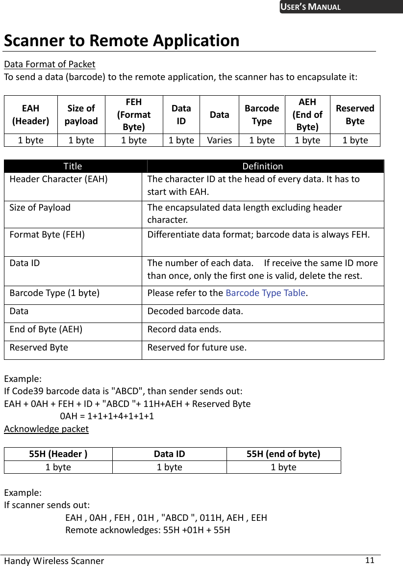  Handy Wireless Scanner  11 USER’S MANUALScanner to Remote Application Data Format of Packet To send a data (barcode) to the remote application, the scanner has to encapsulate it:    EAH (Header) Size of payload FEH (Format Byte) Data ID  Data  BarcodeType AEH (End of Byte) Reserved Byte 1 byte  1 byte  1 byte  1 byte Varies 1 byte  1 byte  1 byte  Title  Definition Header Character (EAH)  The character ID at the head of every data. It has to start with EAH. Size of Payload  The encapsulated data length excluding header character. Format Byte (FEH)  Differentiate data format; barcode data is always FEH. Data ID  The number of each data.    If receive the same ID more than once, only the first one is valid, delete the rest. Barcode Type (1 byte)  Please refer to the Barcode Type Table. Data Decoded barcode data. End of Byte (AEH)  Record data ends. Reserved Byte  Reserved for future use.  Example:  If Code39 barcode data is &quot;ABCD&quot;, than sender sends out: EAH + 0AH + FEH + ID + &quot;ABCD &quot;+ 11H+AEH + Reserved Byte              0AH = 1+1+1+4+1+1+1 Acknowledge packet  55H (Header )  Data ID  55H (end of byte) 1 byte  1 byte  1 byte  Example:  If scanner sends out:             EAH , 0AH , FEH , 01H , &quot;ABCD &quot;, 011H, AEH , EEH             Remote acknowledges: 55H +01H + 55H 