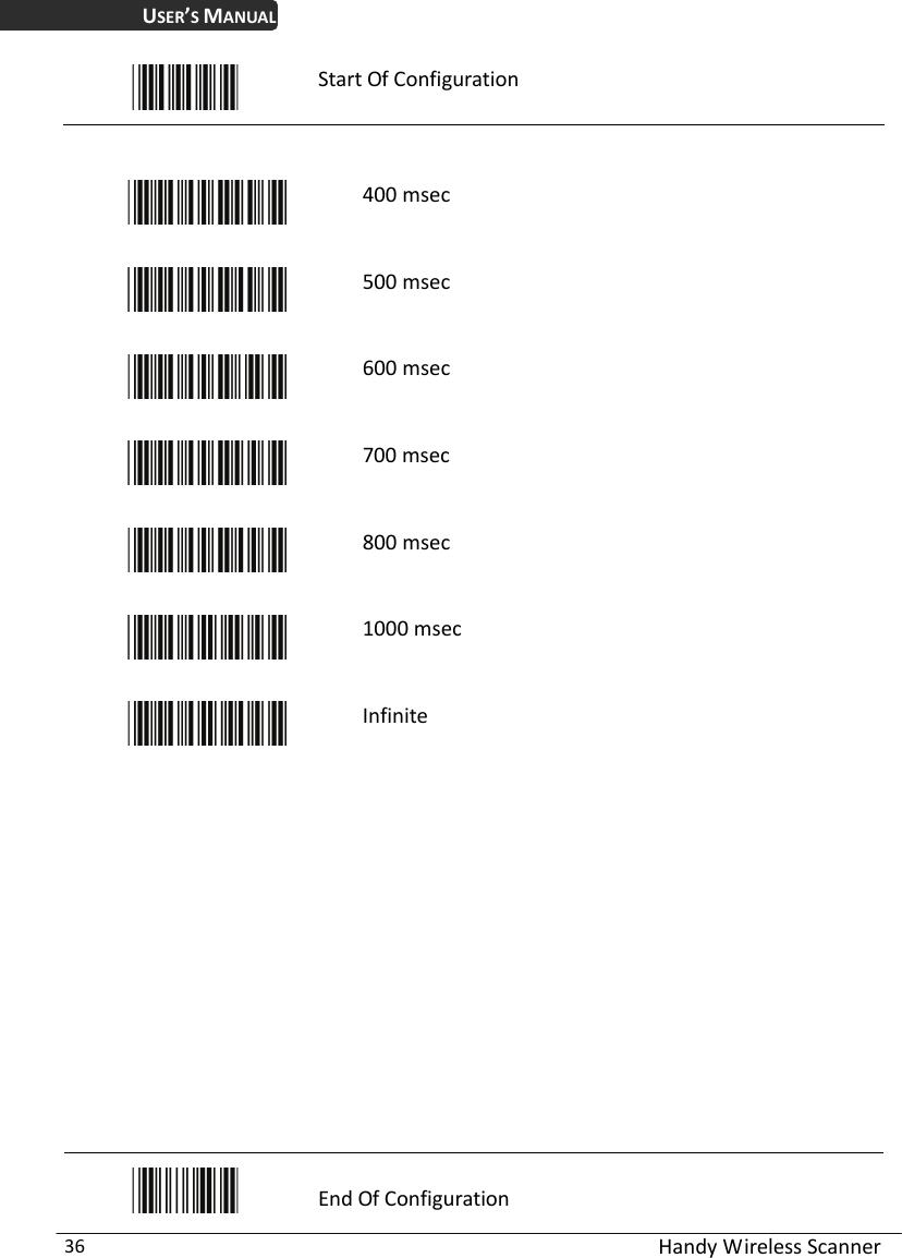 USER’S MANUAL  Handy Wireless Scanner 36  Start Of Configuration    400 msec  500 msec  600 msec  700 msec  800 msec  1000 msec  Infinite                  End Of Configuration 