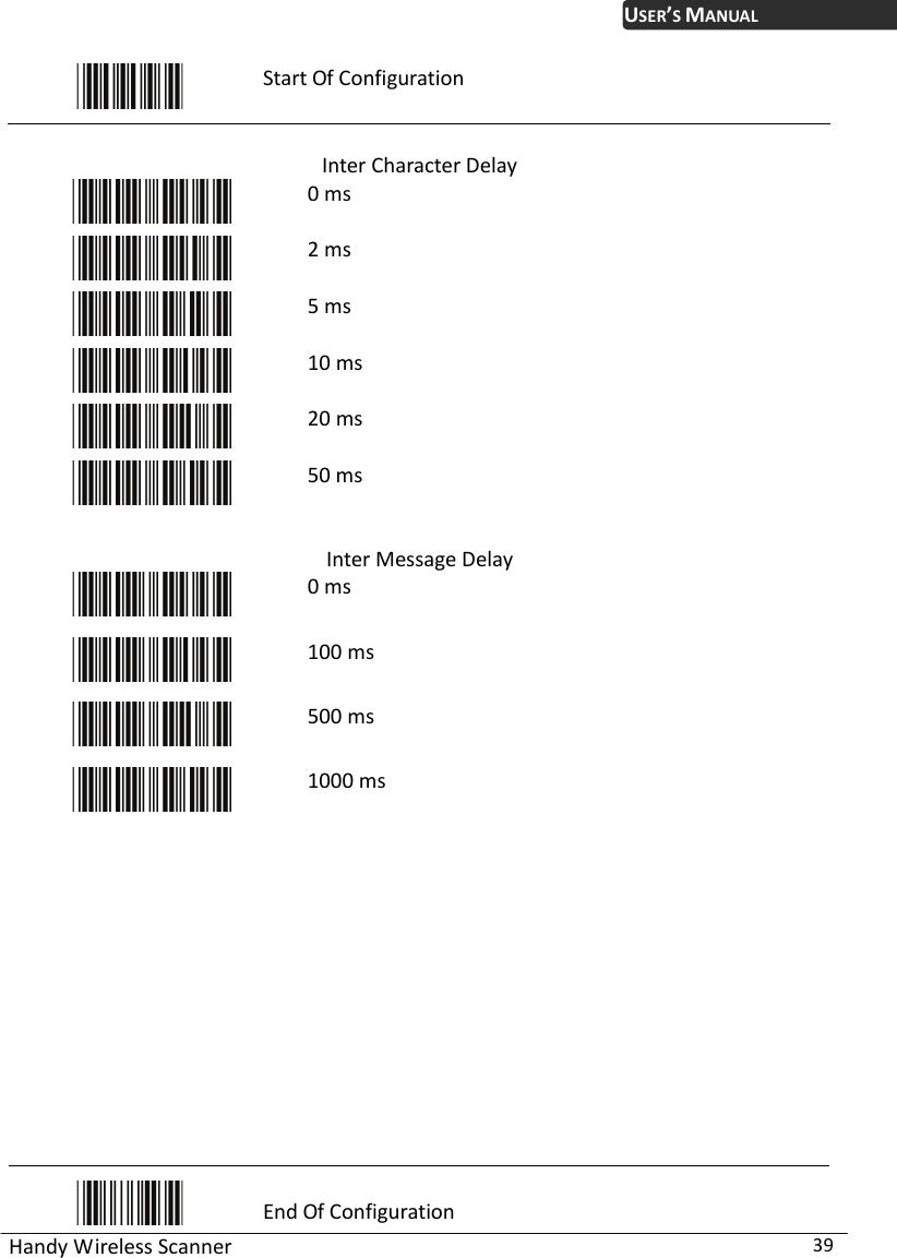 USER’S MANUAL Handy Wireless Scanner  39  Start Of Configuration  Inter Character Delay  0 ms  2 ms  5 ms  10 ms  20 ms  50 ms  Inter Message Delay  0 ms  100 ms  500 ms  1000 ms              End Of Configuration 