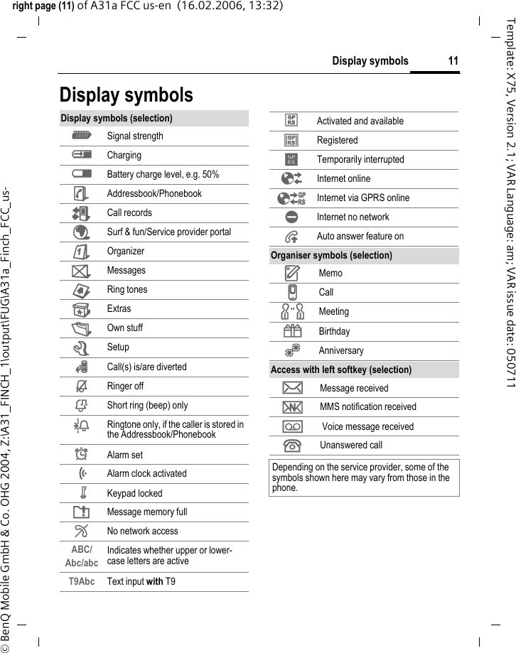 11Display symbolsright page (11) of A31a FCC us-en  (16.02.2006, 13:32)&copy; BenQ Mobile GmbH &amp; Co. OHG 2004, Z:\A31_FINCH_1\output\FUG\A31a_Finch_FCC_us-Template: X75, Version 2.1; VAR Language: am; VAR issue date: 050711Display symbolsDisplay symbols (selection)_ Signal strengthh Chargingd Battery charge level, e.g. 50%&egrave; Addressbook/PhonebookZ Call records&Eacute; Surf &amp; fun/Service provider portal&ccedil; Organizer] Messages Ring tones Extras&Ntilde; Own stuffm Setupn Call(s) is/are divertedj Ringer offk Short ring (beep) onlyl Ringtone only, if the caller is stored in the Addressbook/Phonebook&Oslash; Alarm set&Ouml; Alarm clock activated&micro; Keypad lockedT Message memory full&sup2; No network accessABC/Abc/abc Indicates whether upper or lower-case letters are activeT9Abc Text input with T9&laquo; Activated and available&ordf; Registered Temporarily interrupted&Ecirc; Internet online&Euml; Internet via GPRS online&Igrave; Internet no network&plusmn; Auto answer feature onOrganiser symbols (selection)u Memov Callw Meeting{ Birthday&Egrave; AnniversaryAccess with left softkey (selection)&hellip; Message received &Ucirc; MMS notification received\  Voice message received  Unanswered call Depending on the service provider, some of the symbols shown here may vary from those in the phone.