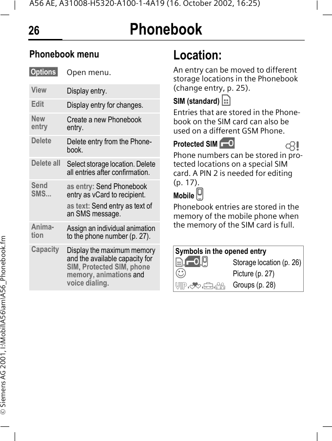 Phonebook26A56 AE, A31008-H5320-A100-1-4A19 (16. October 2002, 16:25)&copy; Siemens AG 2001, I:\Mobil\A56\am\A56_Phonebook.fmPhonebook menu &sect;Options  Open menu.Location: An entry can be moved to different storage locations in the Phonebook (change entry, p. 25). SIM (standard)  &cent;Entries that are stored in the Phone-book on the SIM card can also be used on a different GSM Phone.Protected SIM  &iexcl;Phone numbers can be stored in pro-tected locations on a special SIM card. A PIN 2 is needed for editing (p. 17).Mobile  vPhonebook entries are stored in the memory of the mobile phone when the memory of the SIM card is full.View Display entry.Edit Display entry for changes.New entry Create a new Phonebook entry.Delete Delete entry from the Phone-book.Delete all Select storage location. Delete all entries after confirmation.Send SMS... as entry: Send Phonebook entry as vCard to recipient.as text: Send entry as text of an SMS message.Anima-tion Assign an individual animation to the phone number (p. 27).Capacity Display the maximum memory and the available capacity for SIM, Protected SIM, phone memory, animations and voice dialing.Symbols in the opened entry &cent;, &iexcl;, vStorage location (p. 26) &rsaquo;Picture (p. 27) &Aring;, &Atilde;, &Auml;, &Ccedil;Groups (p. 28)L