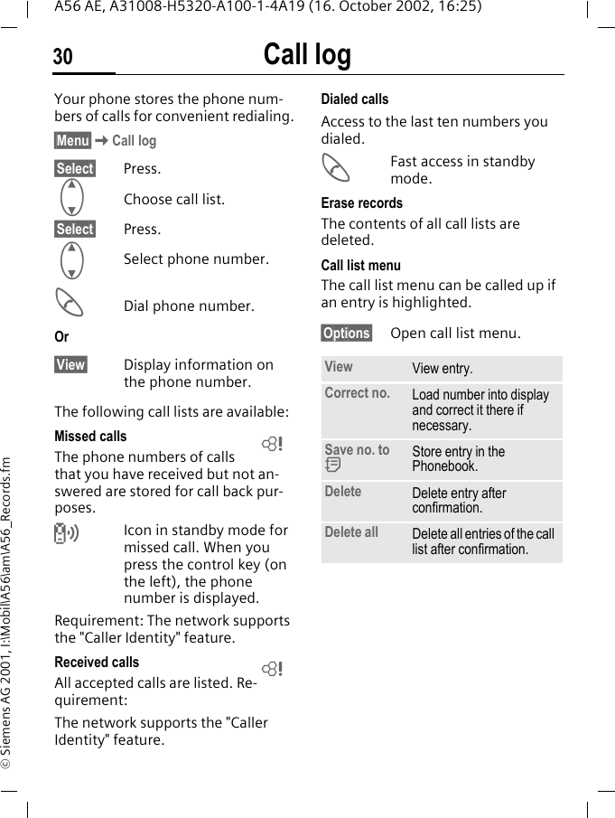 Call log30A56 AE, A31008-H5320-A100-1-4A19 (16. October 2002, 16:25)&copy; Siemens AG 2001, I:\Mobil\A56\am\A56_Records.fmCall log Your phone stores the phone num-bers of calls for convenient redialing.&sect;Menu&sect; KCall log&sect;Select&sect; Press. GChoose call list.&sect;Select&sect; Press. GSelect phone number. ADial phone number.Or&sect;View&sect; Display information on the phone number.The following call lists are available:Missed calls The phone numbers of calls that you have received but not an-swered are stored for call back pur-poses. Icon in standby mode for missed call. When you press the control key (on the left), the phone number is displayed.Requirement: The network supports the "Caller Identity" feature.Received calls All accepted calls are listed. Re-quirement: The network supports the "Caller Identity" feature.Dialed callsAccess to the last ten numbers you dialed. AFast access in standby mode.Erase recordsThe contents of all call lists are deleted. Call list menuThe call list menu can be called up if an entry is highlighted.&sect;Options&sect; Open call list menu.LLView View entry.Correct no. Load number into display and correct it there if necessary.Save no. to  dStore entry in the Phonebook.Delete Delete entry after confirmation.Delete all Delete all entries of the call list after confirmation.