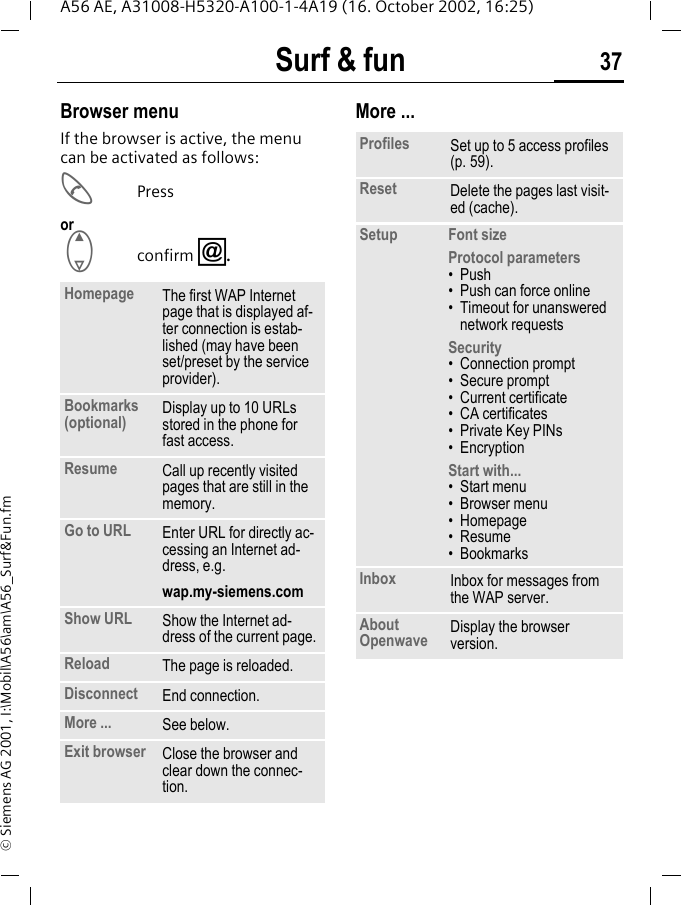 Surf &amp; fun 37A56 AE, A31008-H5320-A100-1-4A19 (16. October 2002, 16:25)&copy; Siemens AG 2001, I:\Mobil\A56\am\A56_Surf&amp;Fun.fmBrowser menuIf the browser is active, the menu can be activated as follows: APressor E confirm  &Iacute;.More ... Homepage The first WAP Internet page that is displayed af-ter connection is estab-lished (may have been set/preset by the service provider).Bookmarks (optional) Display up to 10 URLs stored in the phone for fast access.Resume Call up recently visited pages that are still in the memory.Go to URL Enter URL for directly ac-cessing an Internet ad-dress, e.g. wap.my-siemens.comShow URL Show the Internet ad-dress of the current page.Reload The page is reloaded.Disconnect End connection. More ... See below.Exit browser Close the browser and clear down the connec-tion.Profiles Set up to 5 access profiles (p. 59).Reset Delete the pages last visit-ed (cache). Setup Font sizeProtocol parameters&bull;Push&bull; Push can force online&bull; Timeout for unanswered network requestsSecurity&bull; Connection prompt&bull; Secure prompt&bull; Current certificate&bull; CA certificates&bull; Private Key PINs&bull; EncryptionStart with...&bull; Start menu&bull; Browser menu&bull; Homepage&bull; Resume&bull; BookmarksInbox Inbox for messages from the WAP server.About Openwave Display the browser version.