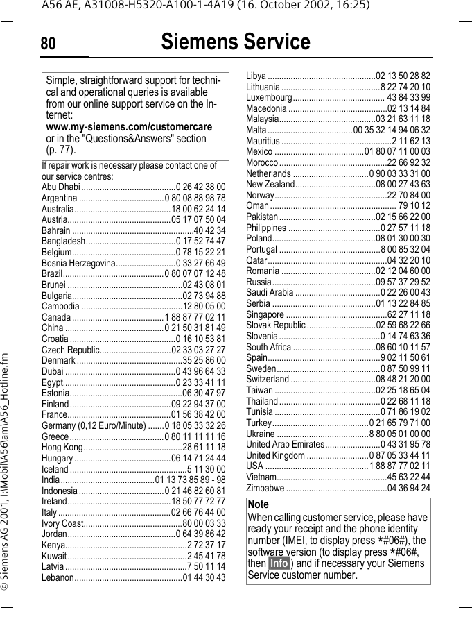Siemens Service80A56 AE, A31008-H5320-A100-1-4A19 (16. October 2002, 16:25)&copy; Siemens AG 2001, I:\Mobil\A56\am\A56_Hotline.fmSiemens ServiceIf repair work is necessary please contact one of our service centres:Abu Dhabi.........................................0 26 42 38 00Argentina .....................................0 80 08 88 98 78Australia..........................................18 00 62 24 14Austria.............................................05 17 07 50 04Bahrain .....................................................40 42 34Bangladesh.......................................0 17 52 74 47Belgium.............................................0 78 15 22 21Bosnia Herzegovina..........................0 33 27 66 49Brazil............................................0 80 07 07 12 48Brunei ..................................................02 43 08 01Bulgaria................................................02 73 94 88Cambodia ............................................12 80 05 00Canada ........................................1 88 87 77 02 11China ...........................................0 21 50 31 81 49Croatia ..............................................0 16 10 53 81Czech Republic...............................02 33 03 27 27Denmark ..............................................35 25 86 00Dubai ................................................0 43 96 64 33Egypt.................................................0 23 33 41 11Estonia.................................................06 30 47 97Finland............................................09 22 94 37 00France.............................................01 56 38 42 00Germany (0,12 Euro/Minute) .......0 18 05 33 32 26Greece.........................................0 80 11 11 11 16Hong Kong...........................................28 61 11 18Hungary ..........................................06 14 71 24 44Iceland ...................................................5 11 30 00India.........................................01 13 73 85 89 - 98Indonesia .....................................0 21 46 82 60 81Ireland.............................................18 50 77 72 77Italy.................................................02 66 76 44 00Ivory Coast...........................................80 00 03 33Jordan...............................................0 64 39 86 42Kenya.....................................................2 72 37 17Kuwait....................................................2 45 41 78Latvia .....................................................7 50 11 14Lebanon...............................................01 44 30 43Libya ...............................................02 13 50 28 82Lithuania ...........................................8 22 74 20 10Luxembourg........................................ 43 84 33 99Macedonia ...........................................02 13 14 84Malaysia..........................................03 21 63 11 18Malta.....................................00 35 32 14 94 06 32Mauritius ................................................2 11 62 13Mexico .......................................01 80 07 11 00 03Morocco...............................................22 66 92 32Netherlands .................................0 90 03 33 31 00New Zealand...................................08 00 27 43 63Norway.................................................22 70 84 00Oman....................................................... 79 10 12Pakistan..........................................02 15 66 22 00Philippines ........................................0 27 57 11 18Poland.............................................08 01 30 00 30Portugal ............................................8 00 85 32 04Qatar....................................................04 32 20 10Romania .........................................02 12 04 60 00Russia.............................................09 57 37 29 52Saudi Arabia .....................................0 22 26 00 43Serbia .............................................01 13 22 84 85Singapore ............................................62 27 11 18Slovak Republic ..............................02 59 68 22 66Slovenia............................................0 14 74 63 36South Africa ....................................08 60 10 11 57Spain.................................................9 02 11 50 61Sweden.............................................0 87 50 99 11Switzerland .....................................08 48 21 20 00Taiwan ............................................02 25 18 65 04Thailand............................................0 22 68 11 18Tunisia ..............................................0 71 86 19 02Turkey..........................................0 21 65 79 71 00Ukraine ........................................8 80 05 01 00 00United Arab Emirates........................0 43 31 95 78United Kingdom ...........................0 87 05 33 44 11USA .............................................1 88 87 77 02 11Vietnam................................................45 63 22 44Zimbabwe ............................................04 36 94 24Simple, straightforward support for techni-cal and operational queries is available from our online support service on the In-ternet: www.my-siemens.com/customercareor in the "Questions&amp;Answers" section (p. 77).NoteWhen calling customer service, please have ready your receipt and the phone identity number (IMEI, to display press *#06#), the software version (to display press *#06#, then &sect;Info&sect;) and if necessary your Siemens Service customer number.