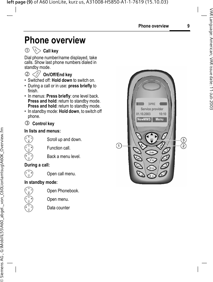 &copy; Siemens AG , G:\Mobil\L55\A60_abgel._von_C60Lion\am\sug\A60K_Overview.fm9Phone overviewVAR Language: American; VAR issue date: 11-Juli-2003left page (9) of A60 LionLite, kurz us, A31008-H5850-A1-1-7619 (15.10.03)Phone overview1ACall keyDial phone number/name displayed, take calls. Show last phone numbers dialed in standby mode. 2BOn/Off/End key&bull; Switched off: Hold down to switch on.&bull; During a call or in use: press briefly to finish. &bull;In menus: Press briefly: one level back.Press and hold: return to standby mode.Press and hold: return to standby mode.&bull; In standby mode: Hold down, to switch off phone.3Control keyIn lists and menus:GScroll up and down.DFunction call.CBack a menu level.During a call:DOpen call menu.In standby mode:FOpen Phonebook.DOpen menu.CData counter_&ordf;gService provider01.10.2003 10:10NewMMS Menu