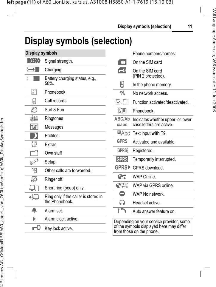 &copy; Siemens AG , G:\Mobil\L55\A60_abgel._von_C60Lion\am\sug\A60K_DisplaySymbols.fm11Display symbols (selection)VAR Language: American; VAR issue date: 11-Juli-2003left page (11) of A60 LionLite, kurz us, A31008-H5850-A1-1-7619 (15.10.03)Display symbols (selection)Display symbols_ Signal strength.h Charging.d Battery charging status, e.g., 50%.&egrave; PhonebookZ Call records&Eacute; Surf &amp; Fun&ccedil; Ringtones] Messages~Profilesy Extras&Ntilde; Own stuff m Setupn Other calls are forwarded.j Ringer off.k Short ring (beep) only.l Ring only if the caller is stored in the Phonebook.&Oslash; Alarm set.&Ouml; Alarm clock active.&micro; Key lock active.Phone numbers/names:&cent; On the SIM card&iexcl; On the SIM card (PIN 2 protected).v In the phone memory.&sup2; No network access.p,o Function activated/deactivated.N Phonebook.ABC/Abc/abc Indicates whether upper- or lower case letters are active.&trade; Text input with T9.&laquo; Activated and available.&ordf; Registered. Temporarily interrupted.&copy; GPRS download.&Ecirc; WAP Online.&Euml; WAP via GPRS online.&Igrave; WAP No network. Headset active.&plusmn; Auto answer feature on.Depending on your service provider, some of the symbols displayed here may differ from those on the phone.
