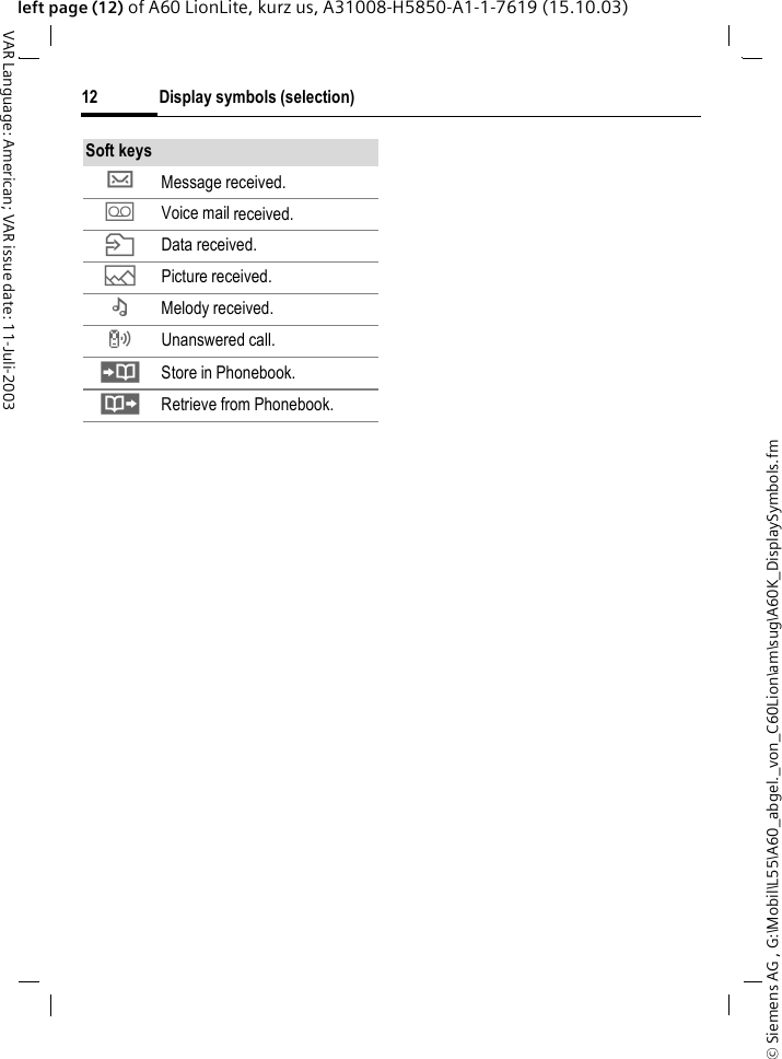 &copy; Siemens AG , G:\Mobil\L55\A60_abgel._von_C60Lion\am\sug\A60K_DisplaySymbols.fmDisplay symbols (selection)12VAR Language: American; VAR issue date: 11-Juli-2003left page (12) of A60 LionLite, kurz us, A31008-H5850-A1-1-7619 (15.10.03)Soft keys&hellip; Message received. \ Voice mail received.  Data received.&mdash; Picture received.&ndash; Melody received. Unanswered call.  Store in Phonebook.&middot; Retrieve from Phonebook.