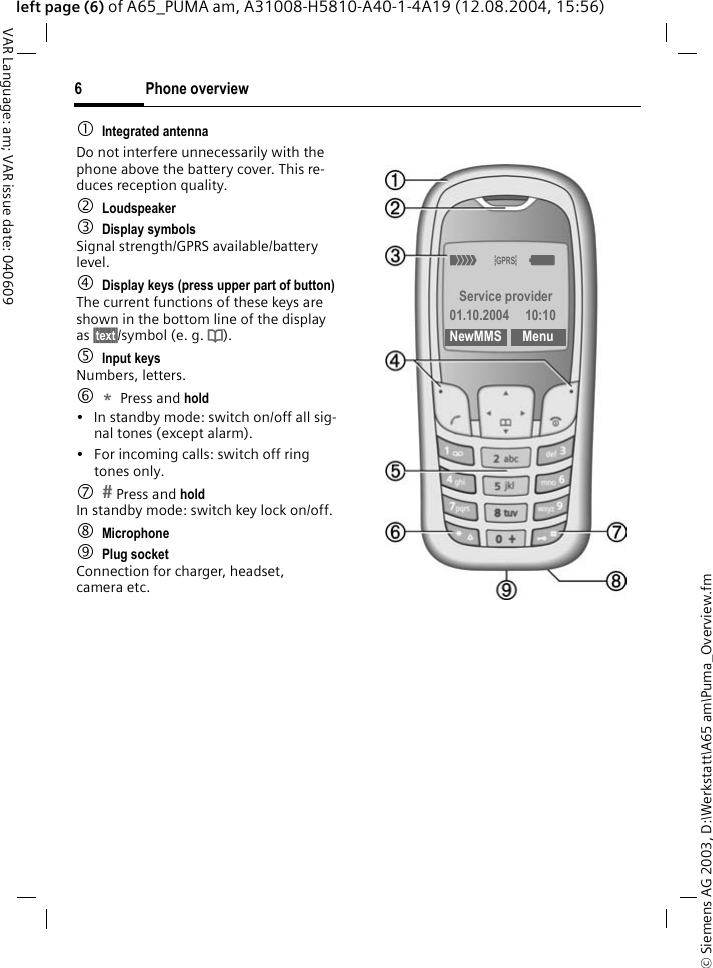 &copy; Siemens AG 2003, D:\Werkstatt\A65 am\Puma_Overview.fmPhone overview6VAR Language: am; VAR issue date: 040609left page (6) of A65_PUMA am, A31008-H5810-A40-1-4A19 (12.08.2004, 15:56)1Integrated antenna Do not interfere unnecessarily with the phone above the battery cover. This re-duces reception quality.2Loudspeaker3Display symbolsSignal strength/GPRS available/battery level.4Display keys (press upper part of button)The current functions of these keys are shown in the bottom line of the display as &sect;text&sect;/symbol (e. g. d).5Input keysNumbers, letters.6*Press and hold &bull; In standby mode: switch on/off all sig-nal tones (except alarm). &bull; For incoming calls: switch off ring tones only.7 Press and hold In standby mode: switch key lock on/off.8Microphone9Plug socketConnection for charger, headset, camera etc._&ordf;g Service provider01.10.2004 10:10NewMMS Menu