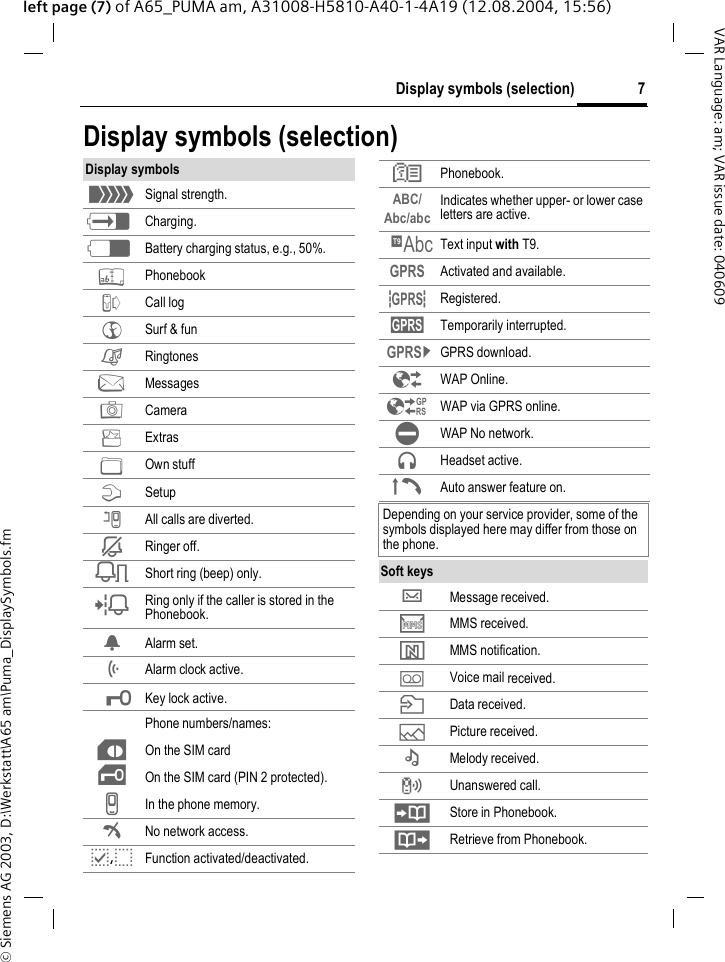&copy; Siemens AG 2003, D:\Werkstatt\A65 am\Puma_DisplaySymbols.fm7Display symbols (selection)VAR Language: am; VAR issue date: 040609left page (7) of A65_PUMA am, A31008-H5810-A40-1-4A19 (12.08.2004, 15:56)Display symbols (selection)Display symbols_ Signal strength.h Charging.d Battery charging status, e.g., 50%.&egrave; PhonebookZ Call log&Eacute; Surf &amp; fun&ccedil; Ringtones] Messages Cameray Extras&Ntilde; Own stuffm Setupn All calls are diverted.j Ringer off.k Short ring (beep) only.l Ring only if the caller is stored in the Phonebook.&Oslash; Alarm set.&Ouml; Alarm clock active.&micro; Key lock active. Phone numbers/names:&cent; On the SIM card&iexcl; On the SIM card (PIN 2 protected).v In the phone memory.&sup2; No network access.p,o Function activated/deactivated.N Phonebook.ABC/Abc/abc Indicates whether upper- or lower case letters are active.&trade; Text input with T9.&laquo; Activated and available.&ordf; Registered. Temporarily interrupted.&copy; GPRS download.&Ecirc; WAP Online.&Euml; WAP via GPRS online.&Igrave; WAP No network. Headset active.&plusmn; Auto answer feature on.Depending on your service provider, some of the symbols displayed here may differ from those on the phone.Soft keys&hellip; Message received.  MMS received. MMS notification.\ Voice mail received.  Data received.&mdash; Picture received.&ndash; Melody received. Unanswered call.  Store in Phonebook.&middot; Retrieve from Phonebook.