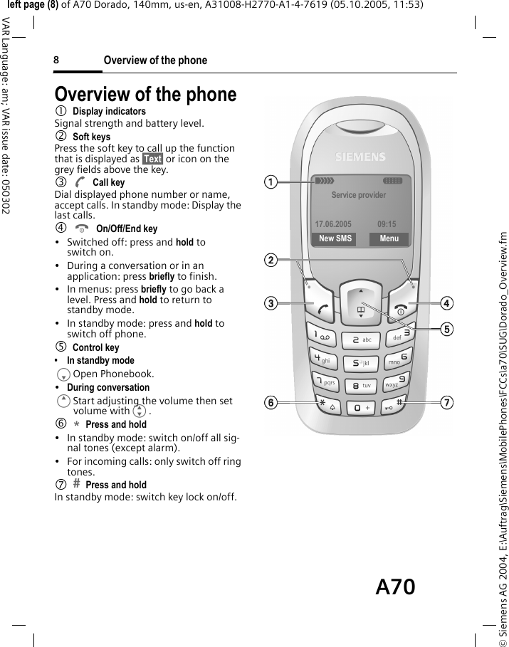 Overview of the phone8&copy; Siemens AG 2004, E:\Auftrag\Siemens\MobilePhones\FCCs\a70\SUG\Dorado_Overview.fmleft page (8) of A70 Dorado, 140mm, us-en, A31008-H2770-A1-4-7619 (05.10.2005, 11:53)VAR Language: am; VAR issue date: 050302Overview of the phone1Display indicatorsSignal strength and battery level.2Soft keysPress the soft key to call up the function that is displayed as &sect;Text&sect; or icon on the grey fields above the key. 3ACall keyDial displayed phone number or name, accept calls. In standby mode: Display the last calls.4BOn/Off/End key&bull; Switched off: press and hold to switch on.&bull; During a conversation or in an application: press briefly to finish. &bull; In menus: press briefly to go back a level. Press and hold to return to standby mode.&bull; In standby mode: press and hold to switch off phone.5 Control key&bull; In standby modeFOpen Phonebook.&bull;During conversationEStart adjusting the volume then set volume withG.6*Press and hold &bull; In standby mode: switch on/off all sig-nal tones (except alarm). &bull; For incoming calls: only switch off ring tones.7Press and holdIn standby mode: switch key lock on/off._       gService provider17.06.2005                  09:15New SMS           MenuA70